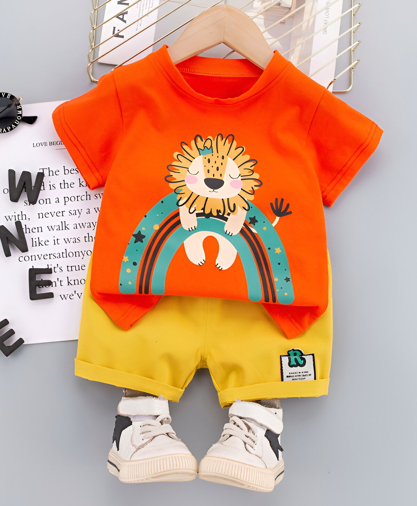 Googo Gaaga Cotton Half Sleeves Lion Printed Tee With Shorts Set - Orange & Yellow-image-24