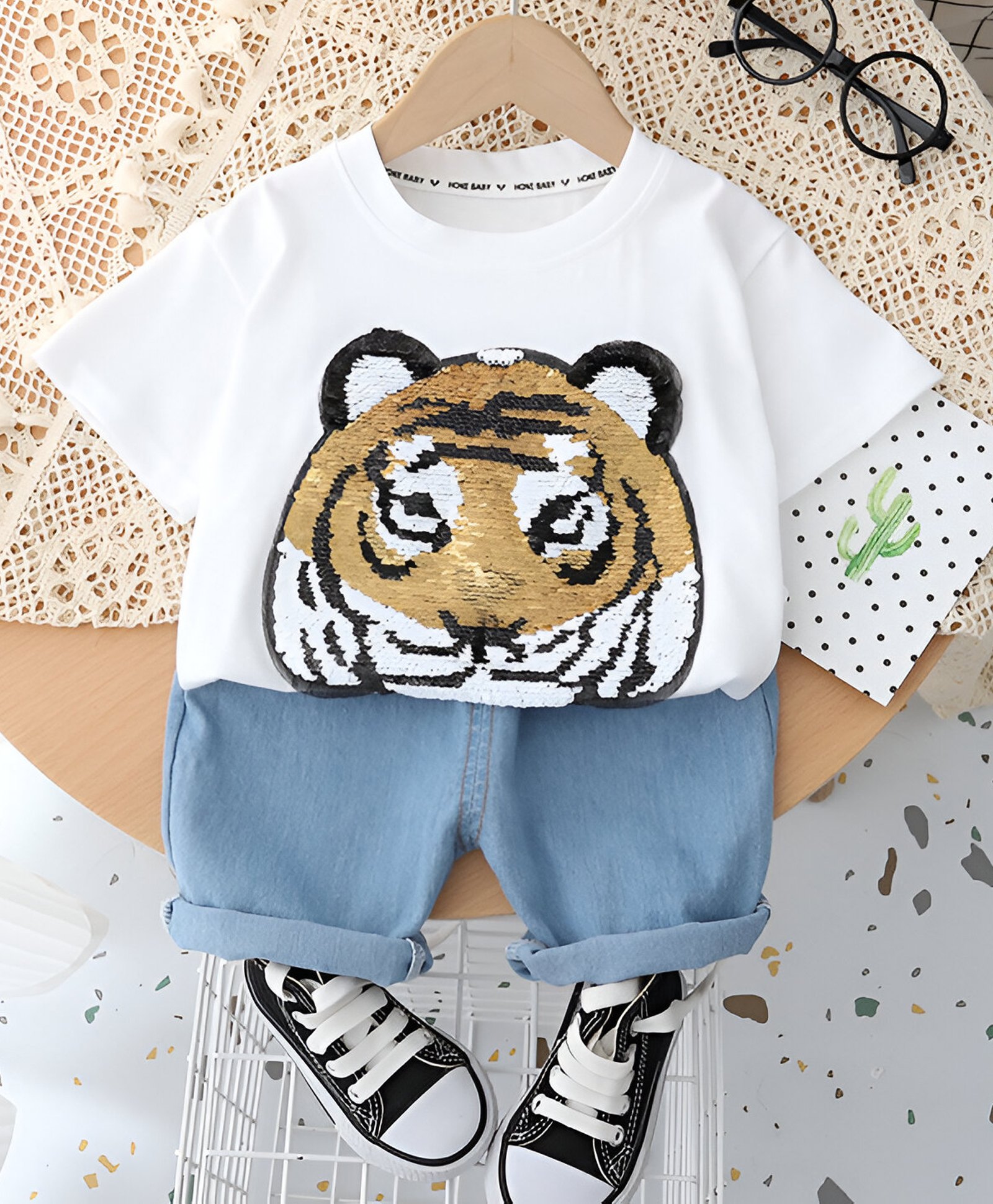 Googo Gaaga Cotton Half Sleeves Sequins Embellished Tiger Designed Tee With Denim Shorts - White-picture-21
