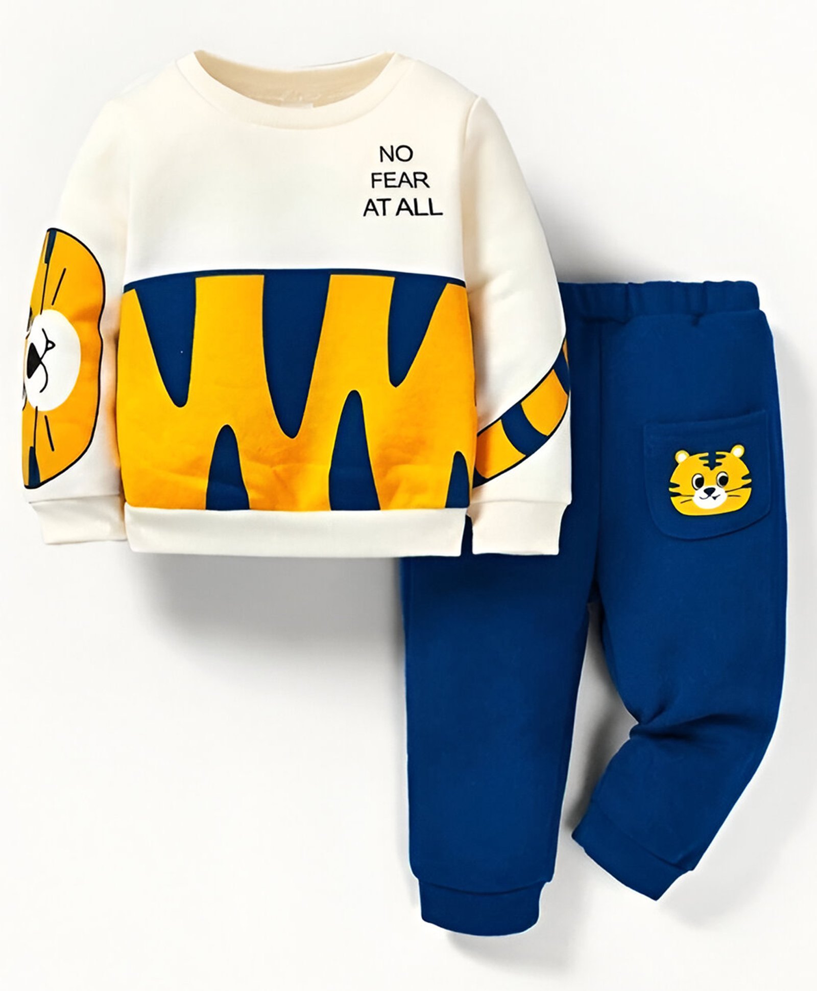 Googo Gaaga Cotton Full Sleeves Cat Printed Sweatshirt With Joggers Set - Cream & Blue