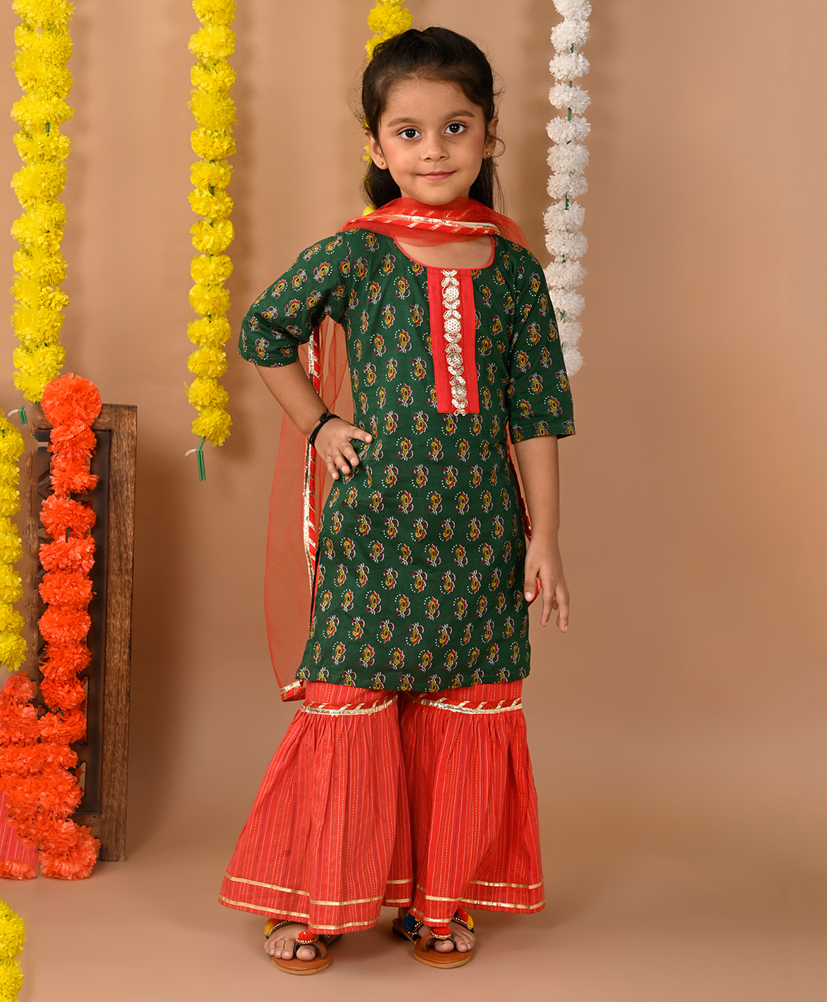 Kinder Kids Cotton Three Fourth Sleeves Floral Motif Printed & Gota Lace Embellished Kurta Sharara With Dupatta - Green & Red-image-34