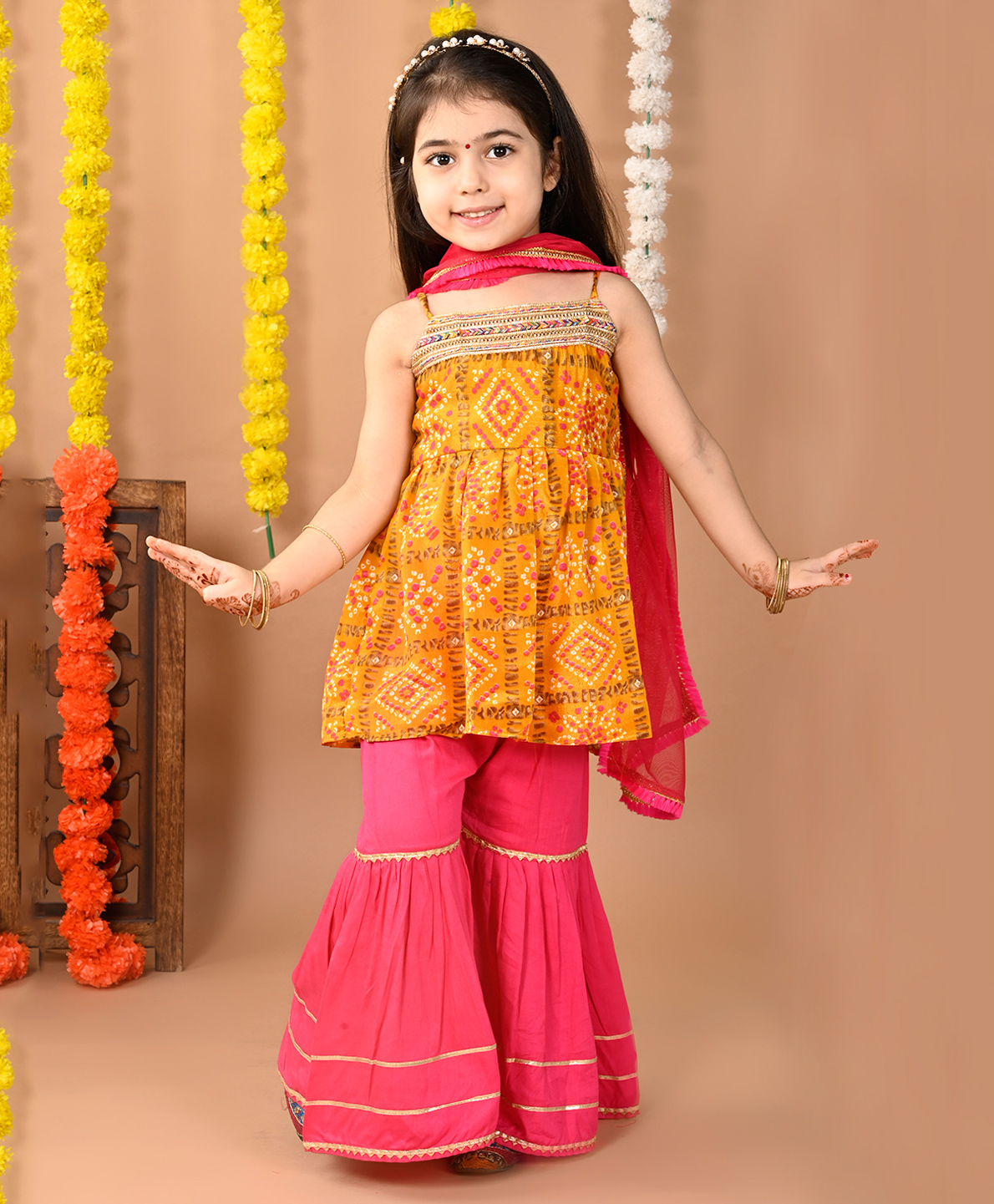 Kinder Kids Muslin Sleeveless Bandhani Printed & Gota Lace Embellished Kurta Sharara With Dupatta - Yellow & Pink-image-8