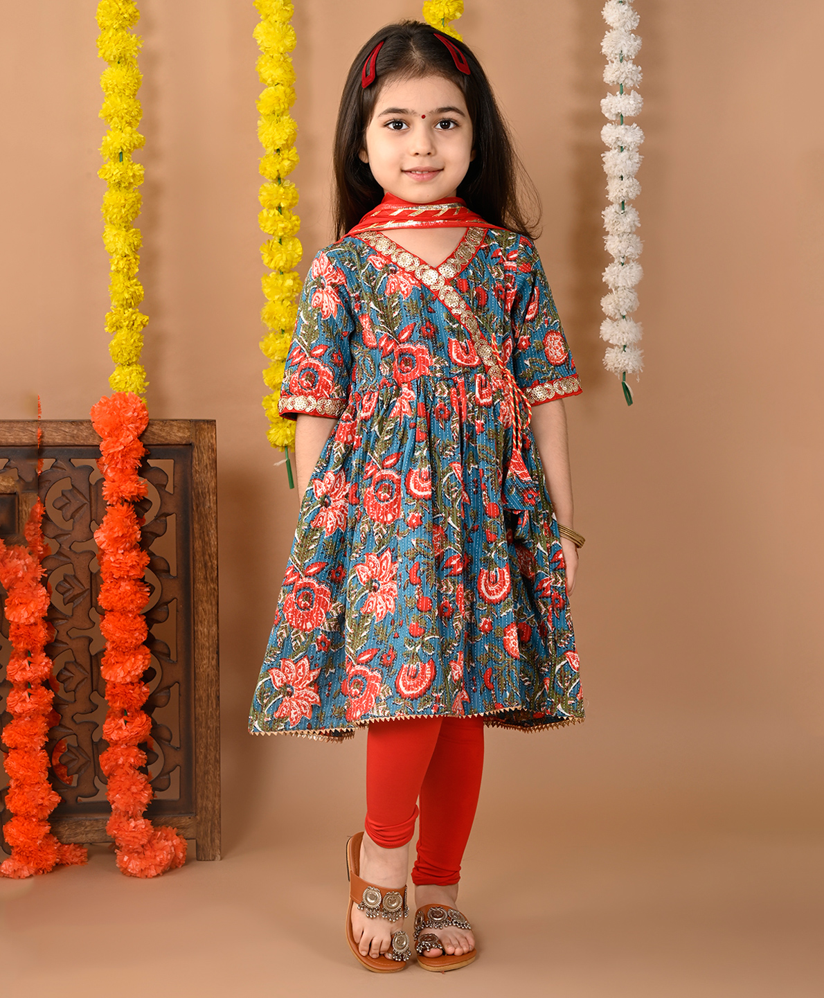 Kinder Kids Cotton Half Sleeves Floral Printed & Gota Lace Embellished Kurta Leggings With Dupatta - Pink-image-16