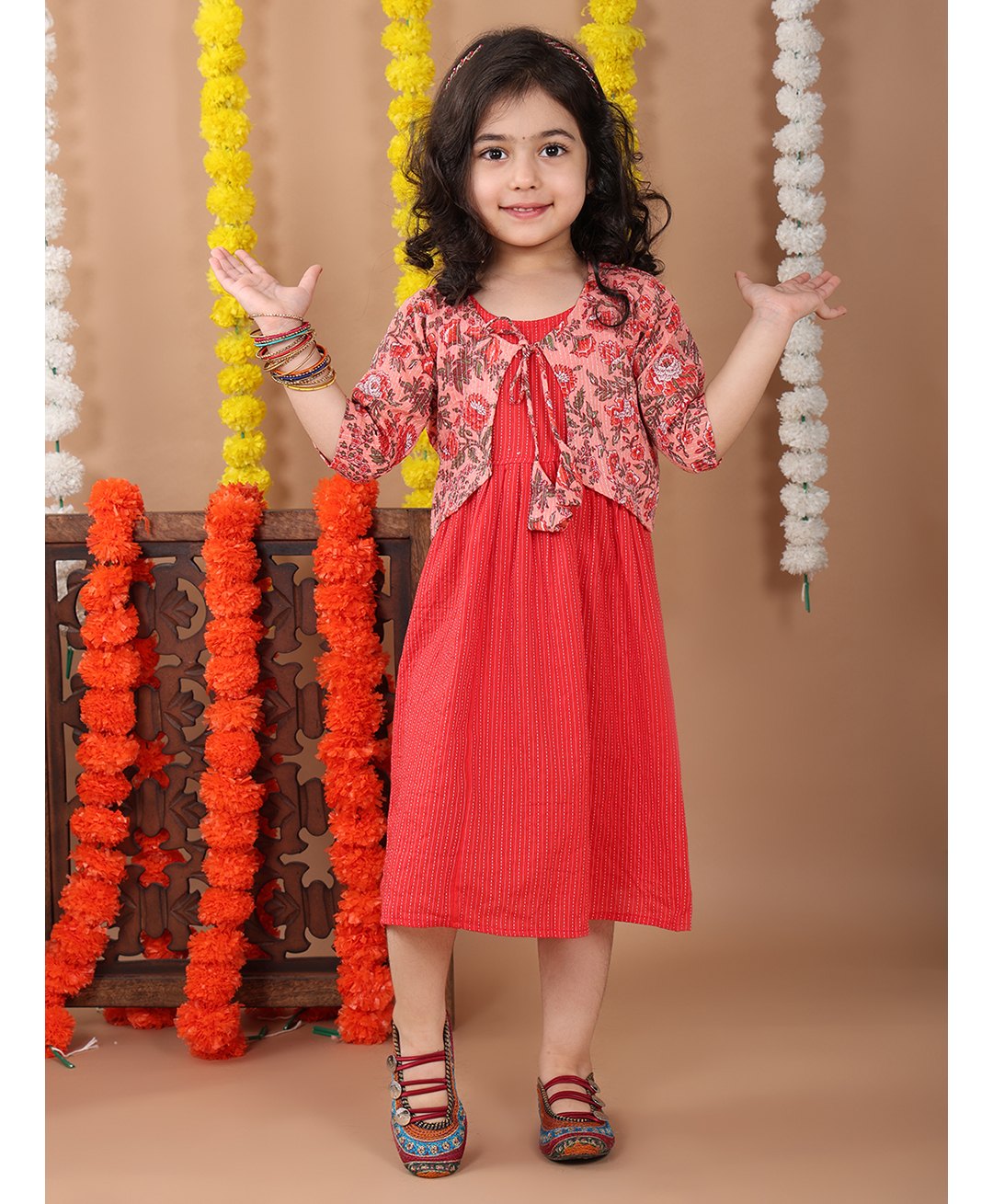 Kinder Kids Cotton Three Fourth Sleeves Floral Printed Jacket With Dress - Pink & Yellow-image-15