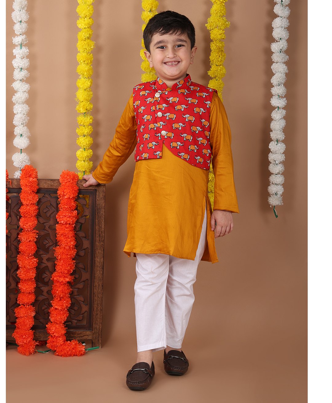 Kinder Kids Cotton Full Sleeves Solid Kurta Pyjama With Elephant Printed Jacket - Yellow & Red-picture-11