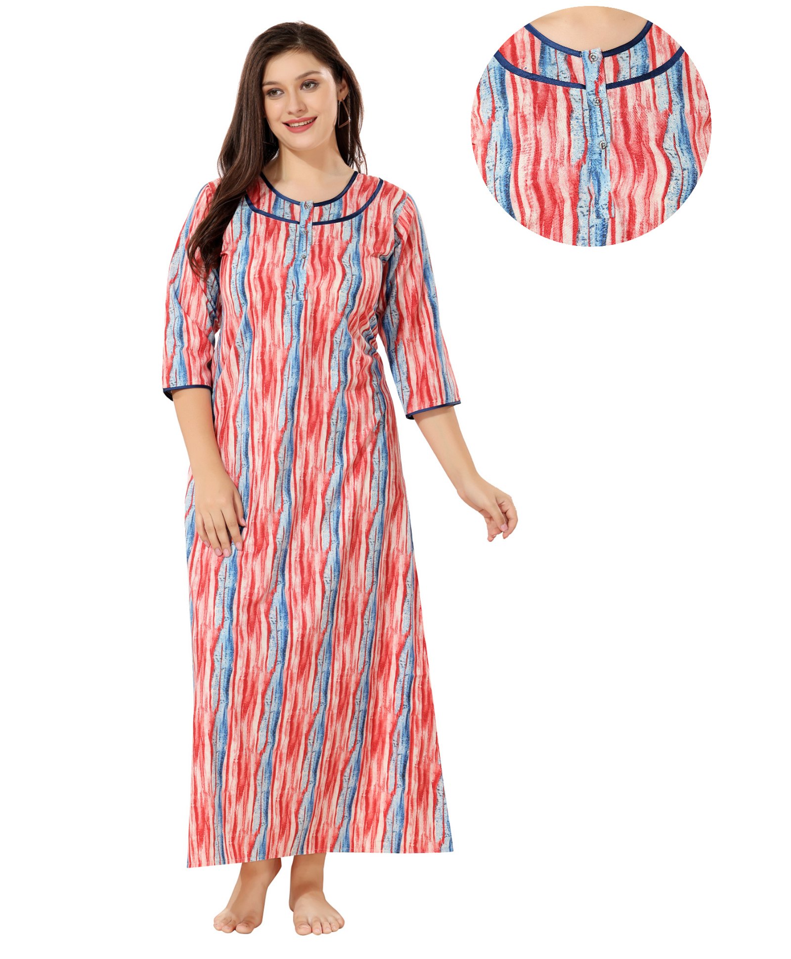 Piu Cotton Three Fourth Sleeves Abstract Printed Nighty With Nursing Access - Red-picture-41