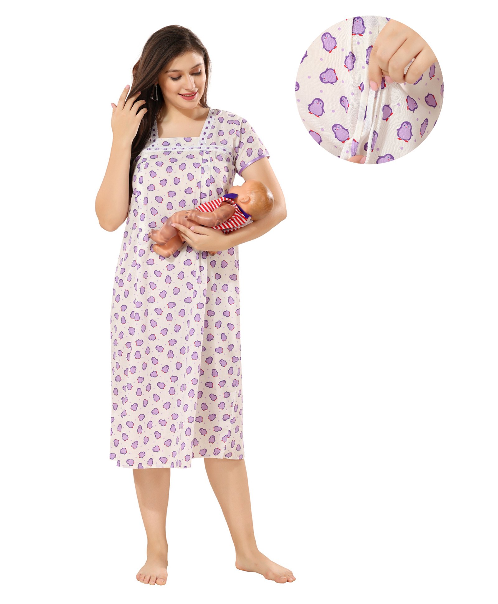 Piu Feeding Cotton Half Sleeves Penguin Printed Nighty - Purple-picture-47