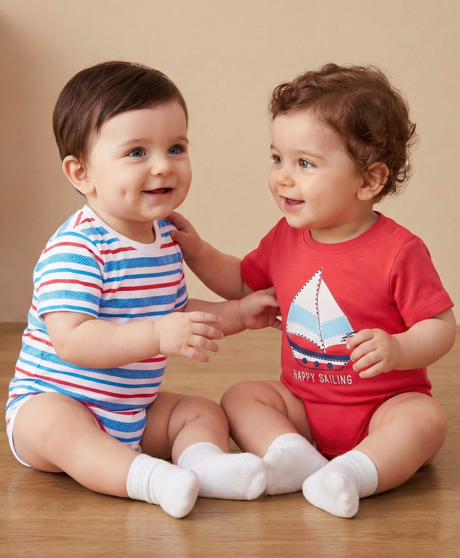 Babyoye 100% Cotton Knit With Eco Jiva Finish Half SleevesStriped & Boat PrintedOnesies Pack of 2 - Red & White-image-16