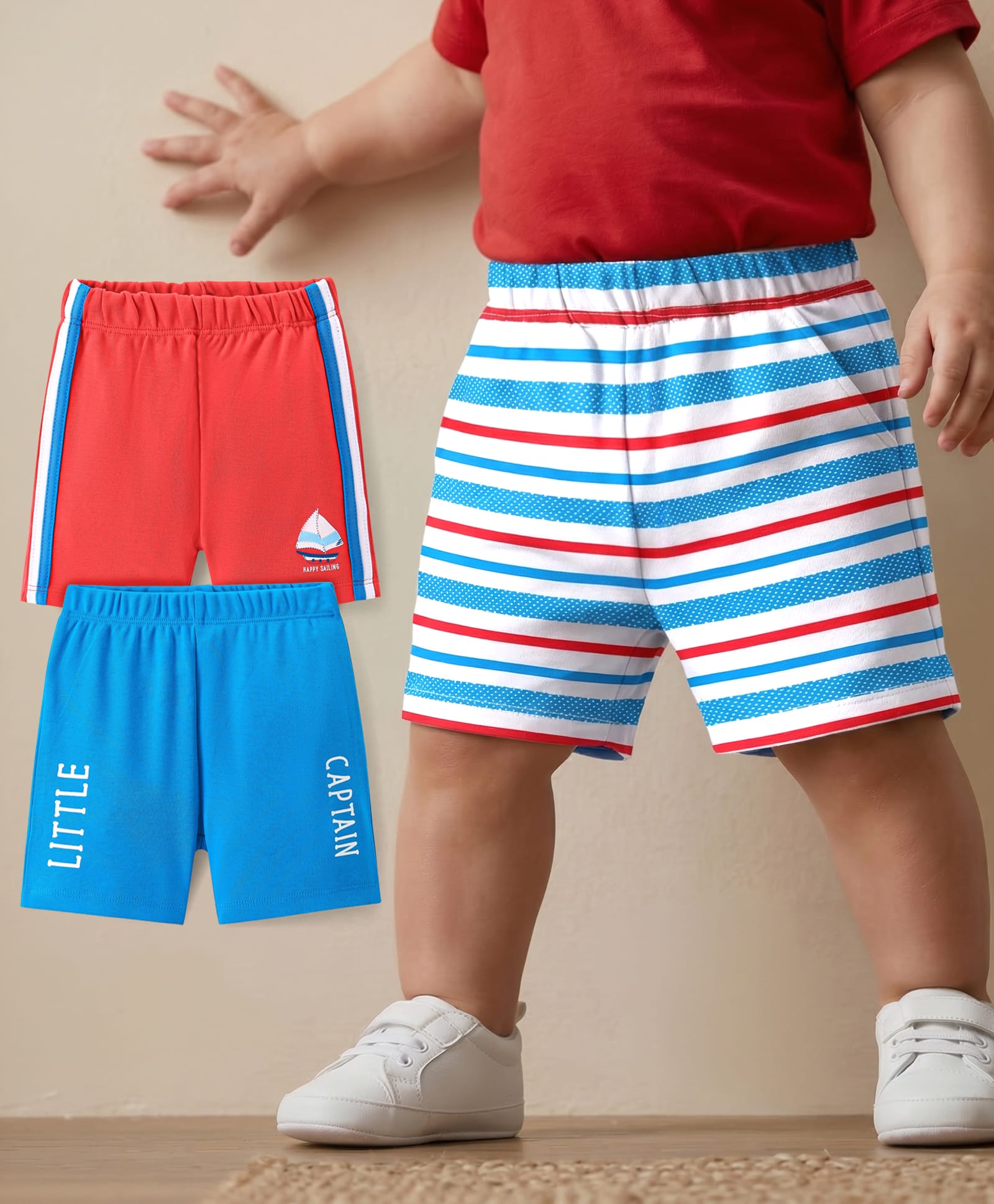 Babyoye 100% Cotton With Eco Jiva Finish Striped & Boat Printed Shorts Pack of 3 - Red & Blue-picture-26