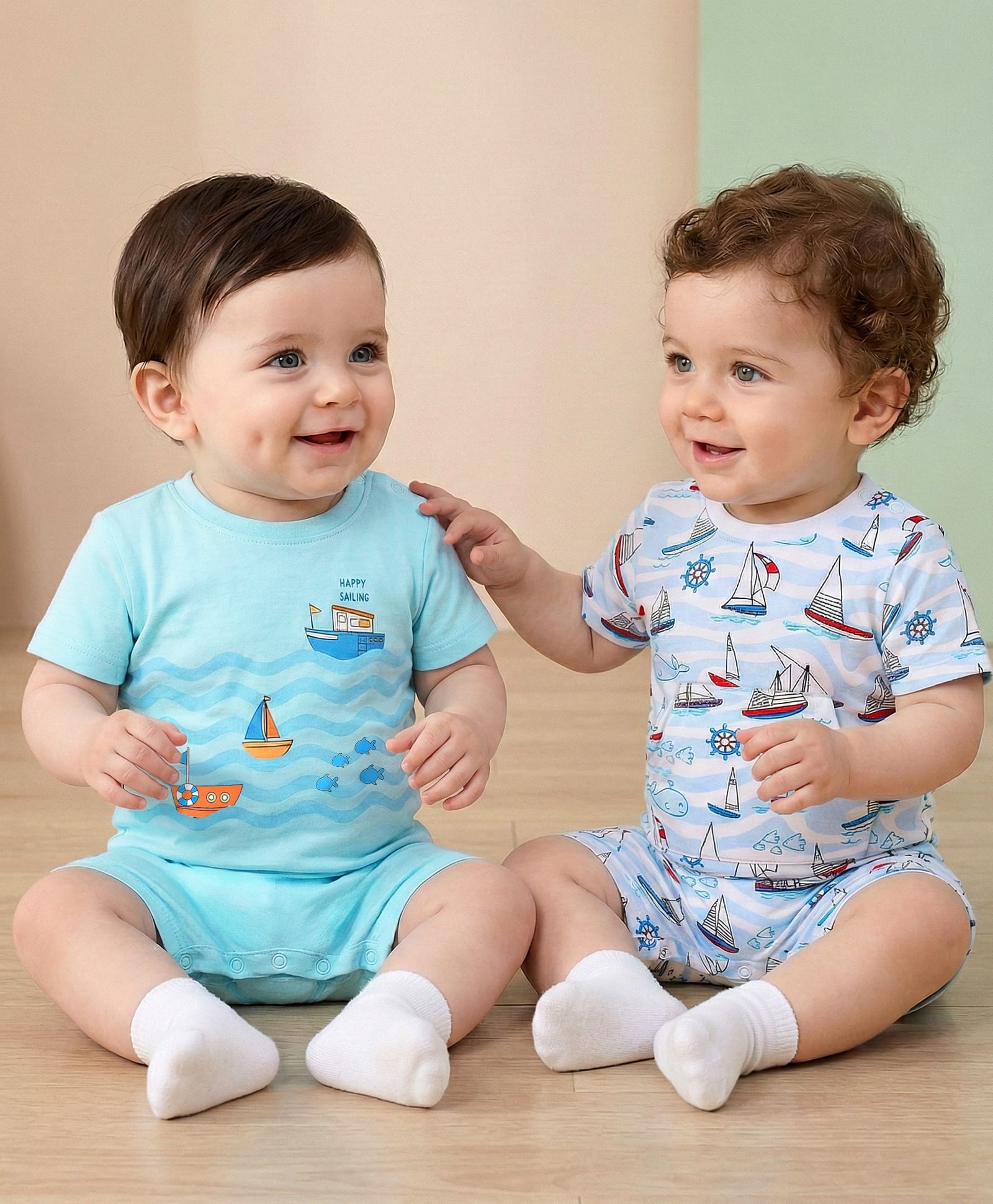 Babyoye 100% Cotton Knit Half Sleeves With Eco Jiva Finish BoatPrint Romapers Pack of 2 - White & Aqua Blue-image-34
