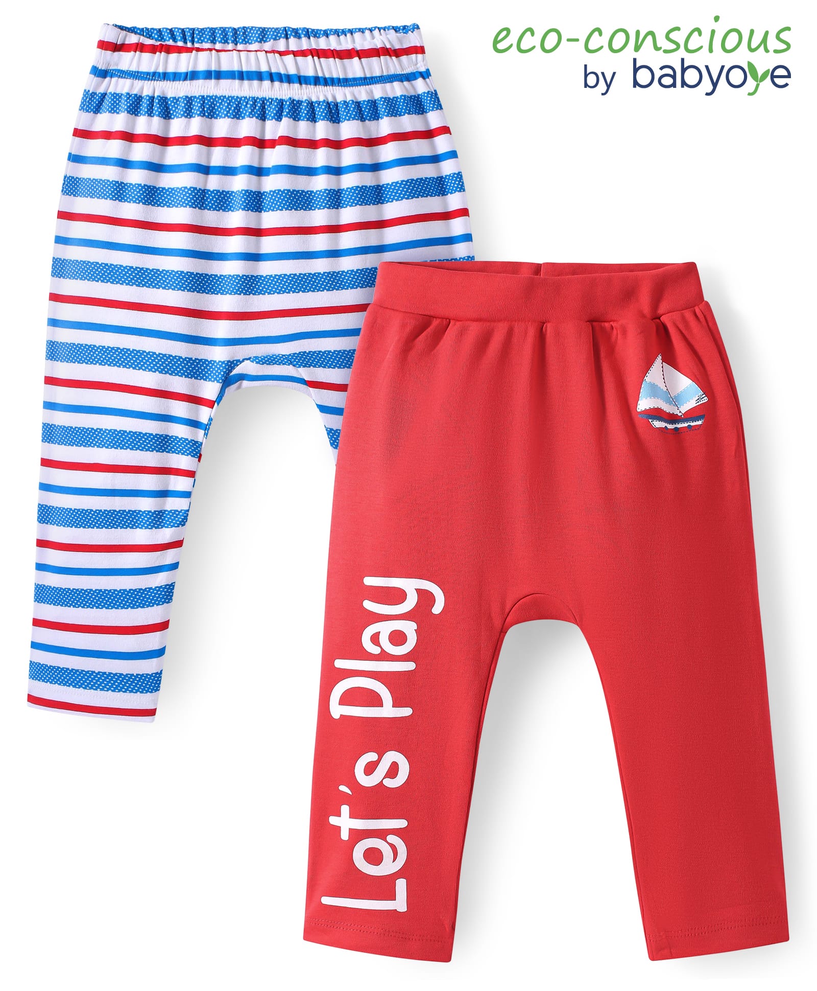 Babyoye 100% Cotton Full Length Diaper Leggings with Eco Jiva Finish & Stripe & Text Print Pack of 2 - Blue & Red-picture-27