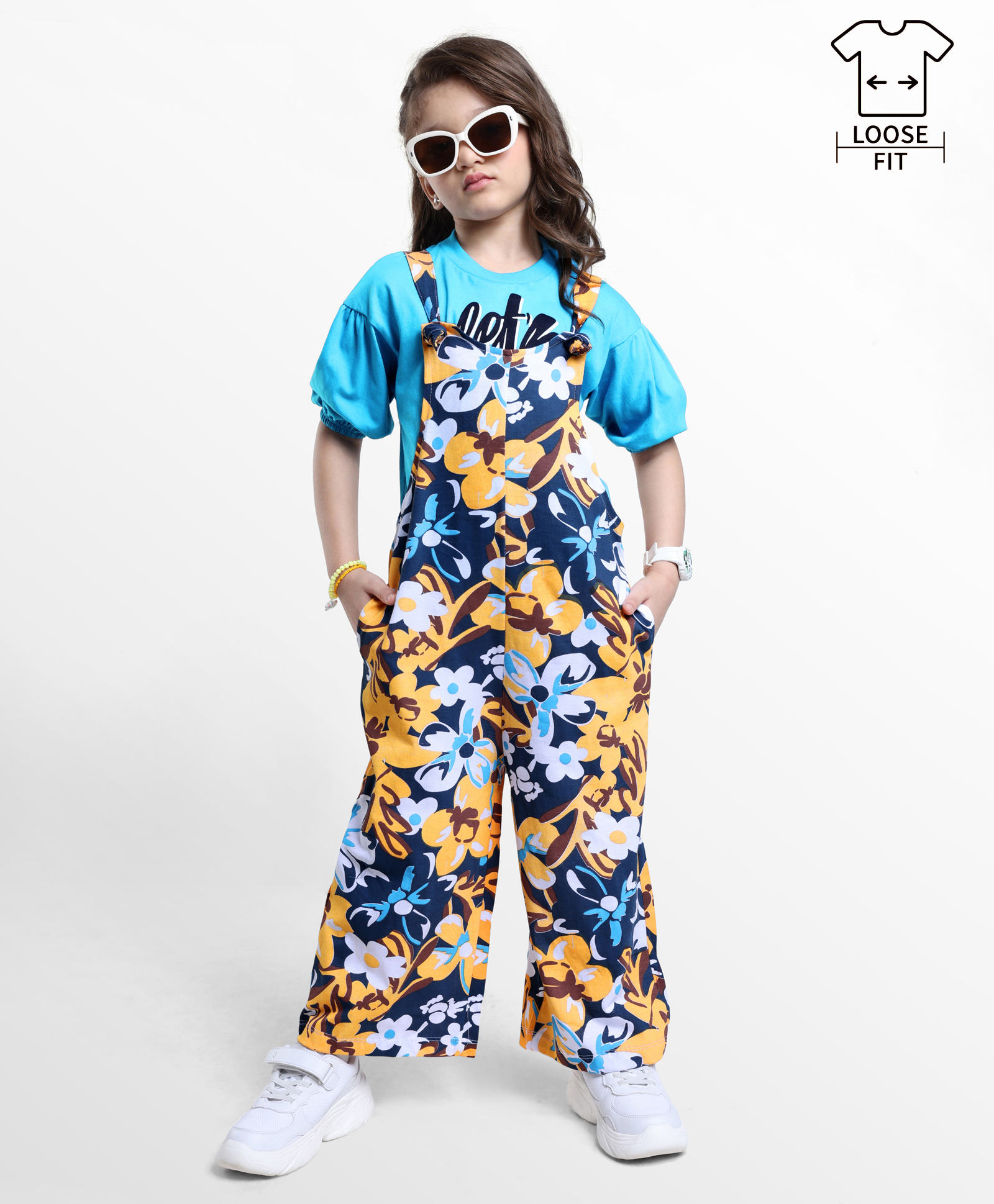 Ollington St. Cotton Knit Floral Printed Dungree & Full Drop Shoulder Sleeves Top with Text Print - Blue & Yellow-picture-21