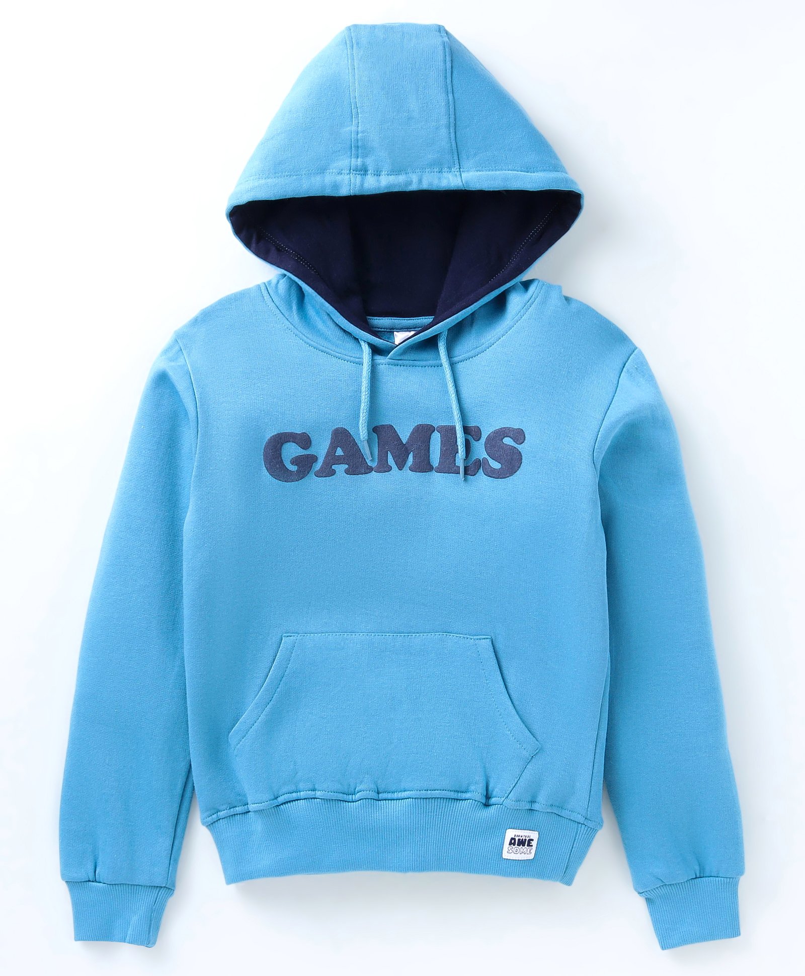 Taeko Fleece Knitted Full Sleeves Hooded Sweatshirt With Text Print & Kangaroo Pockets - Light Blue-image-20