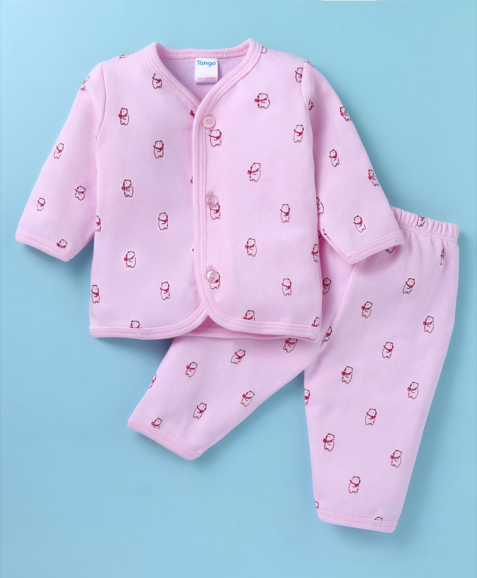Tango Interlock Knit Full Sleeves Front Open Night Suit with Bear Print - Pink-picture-8