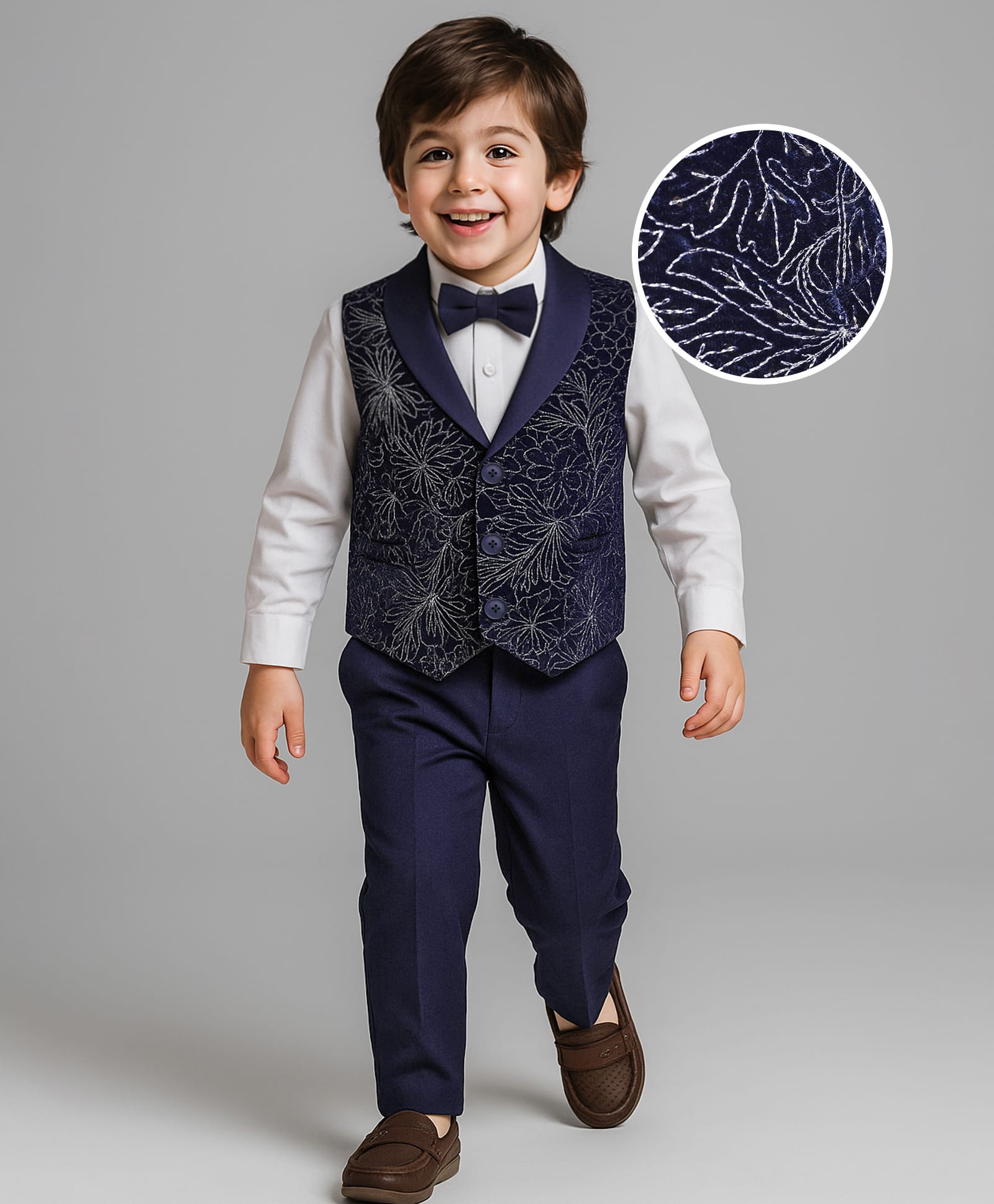 Babyhug Woven Full Sleeves Floral Embroidered Textured 3 Piece Party Suit with Bow - Navy Blue-image-43