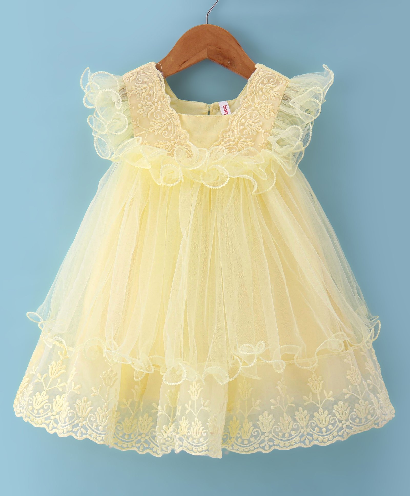 Babyhug Woven Sleeveless Fit & Flared Party Frock with Floral Embroidery & Ruffle Detailing - Light Yellow-image-36