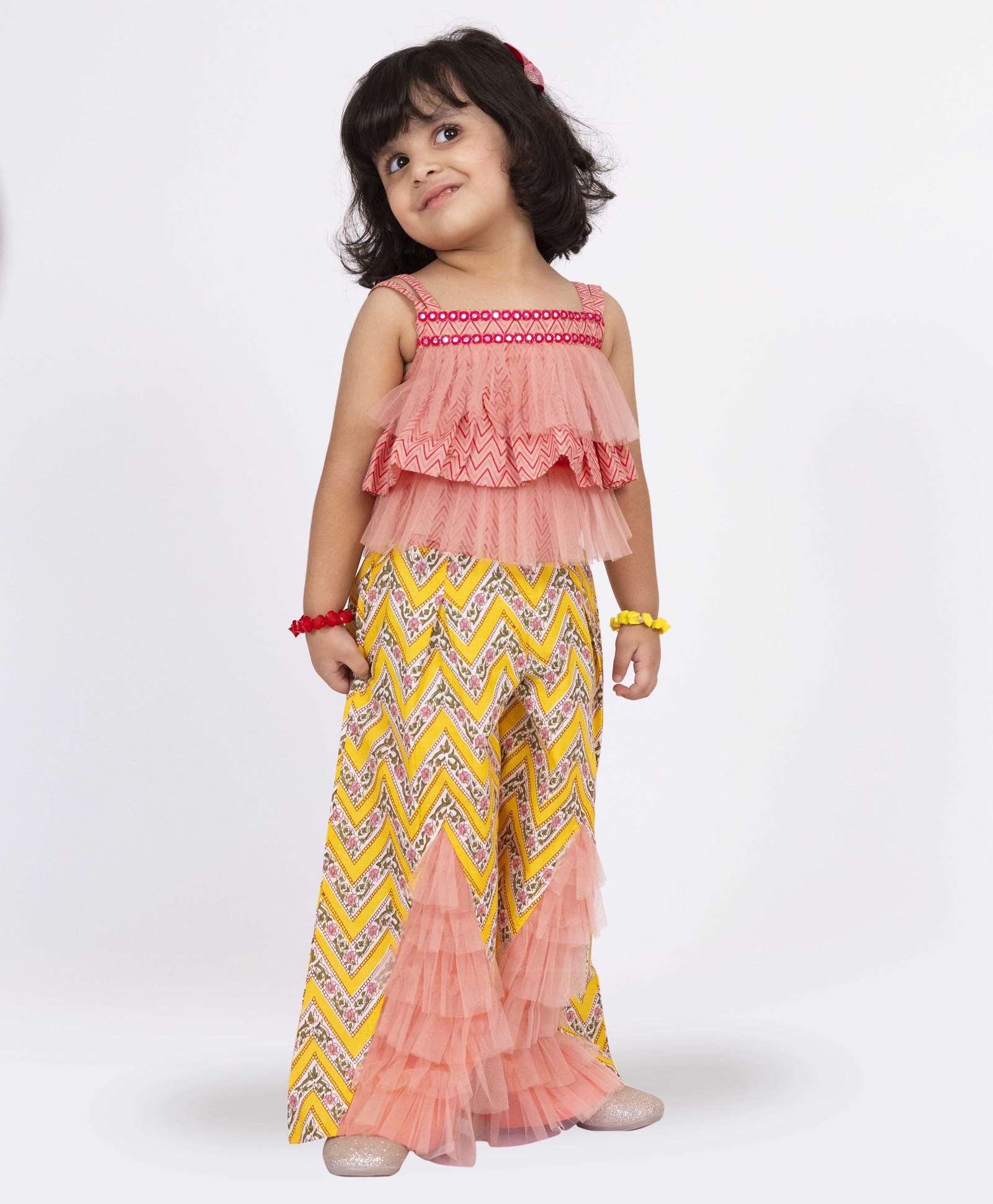 Twisha Sleeveless Mirror Work Detailed Frill Top With Chevron Printed Palazzo Set - Coral & Yellow-image-43