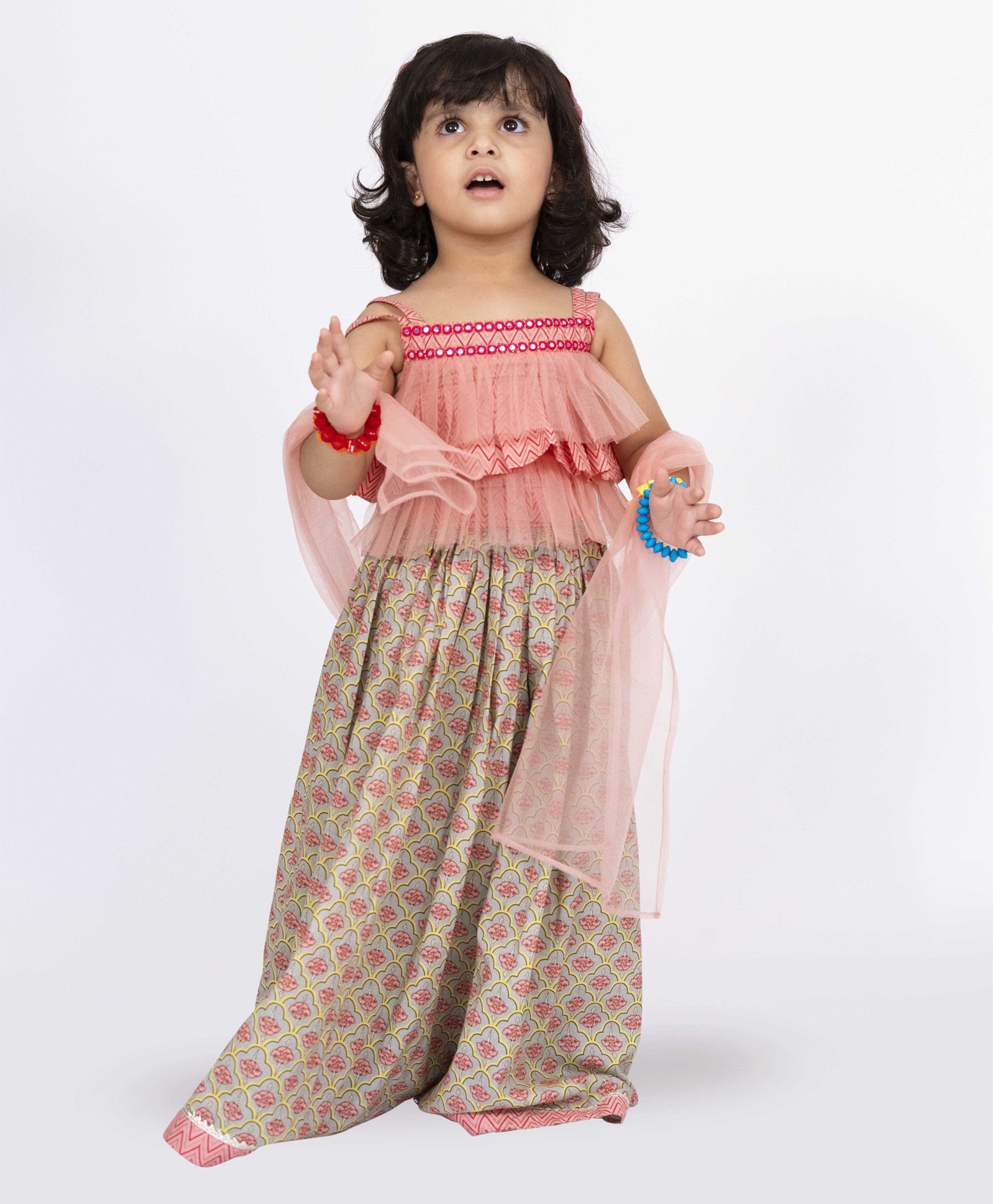 Twisha Sleeveless Floral Motif Printed & Mirror Work Embellished Lehenga Choli With Dupatta Set - Coral & Grey-image-31