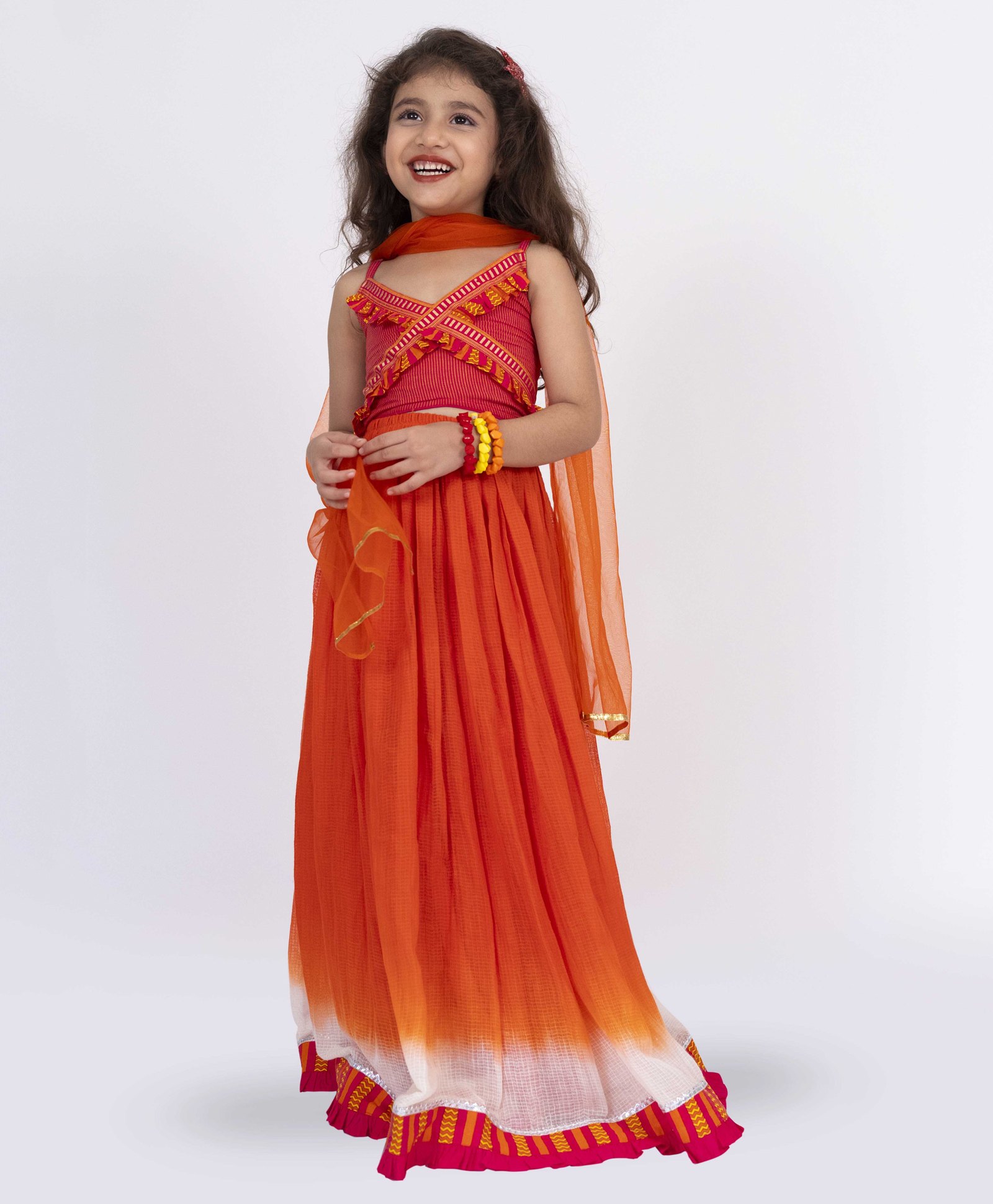 Twisha Sleeveless Ombre Printed & Striped Lehenga Choli With Dupatta Set - Orange & Pink-image-39
