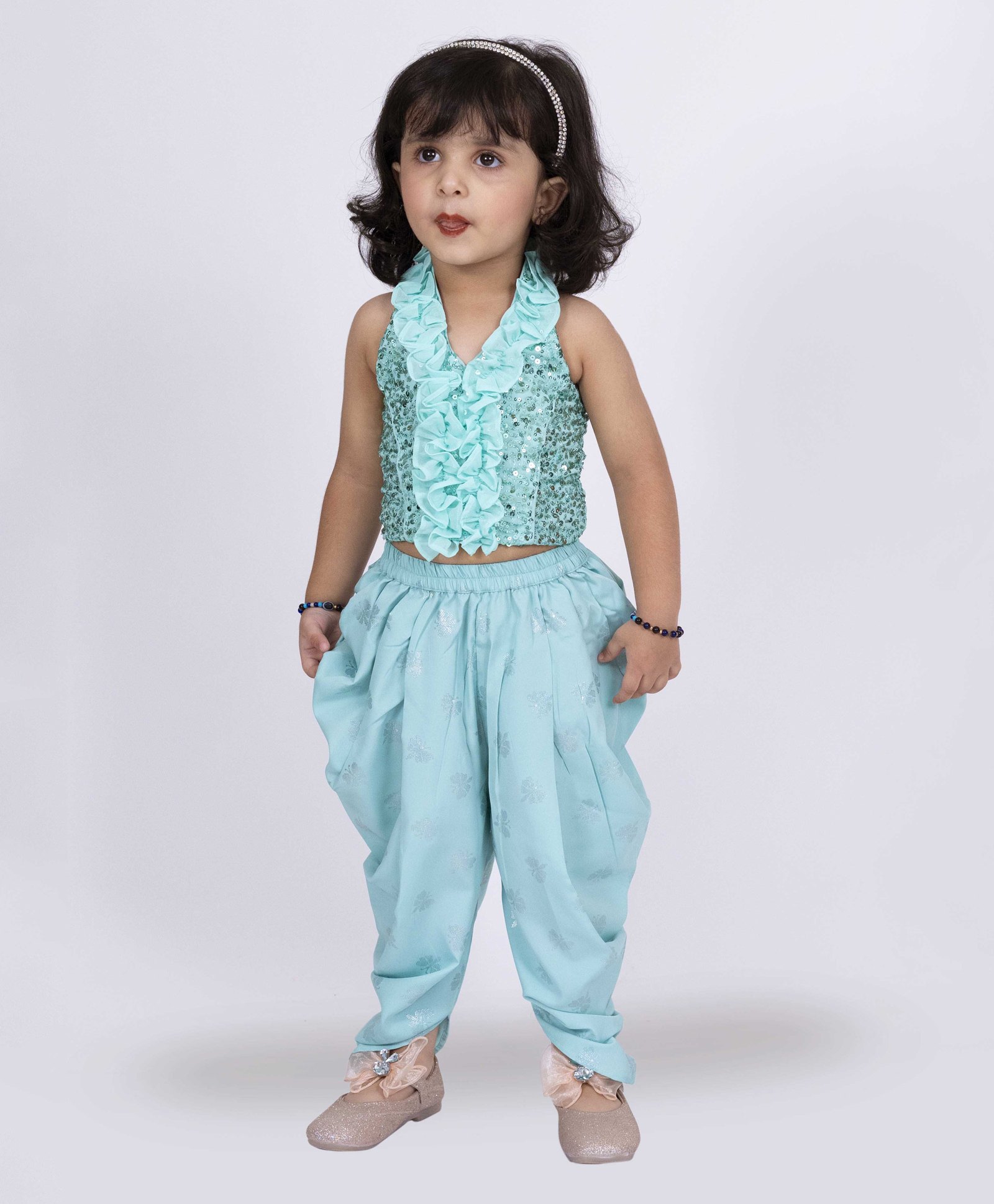 Twisha Sleeveless Sequins Embellished & Ruffle Detailed Top & Dhoti Pant Set - Sea Green-image-34