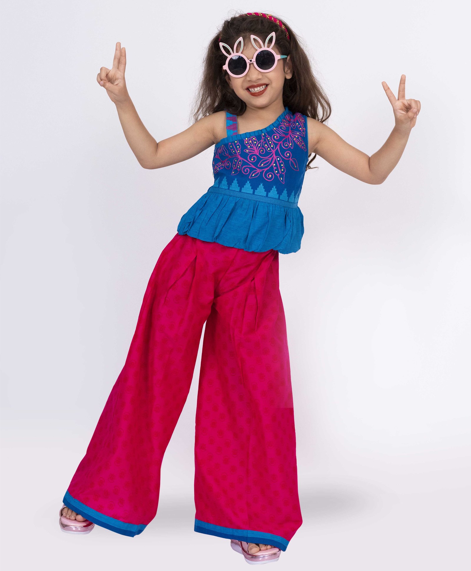 Twisha Cotton Sleeveless Floral Embroidered & Foil Printed Top & Palazzo Set - Blue & Pink-image-43