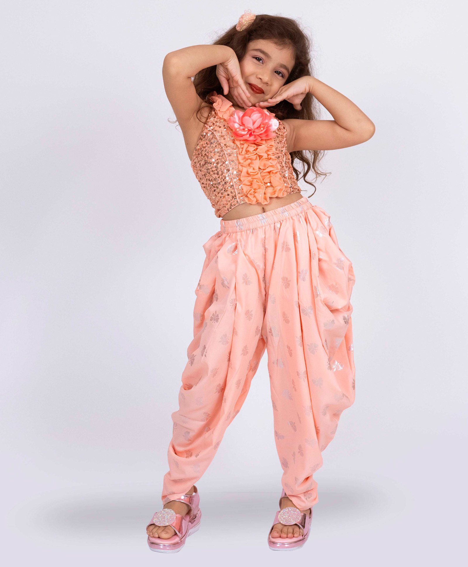 Twisha Halter Neck Sequins Embellished Top & Dhoti - Peach-image-9