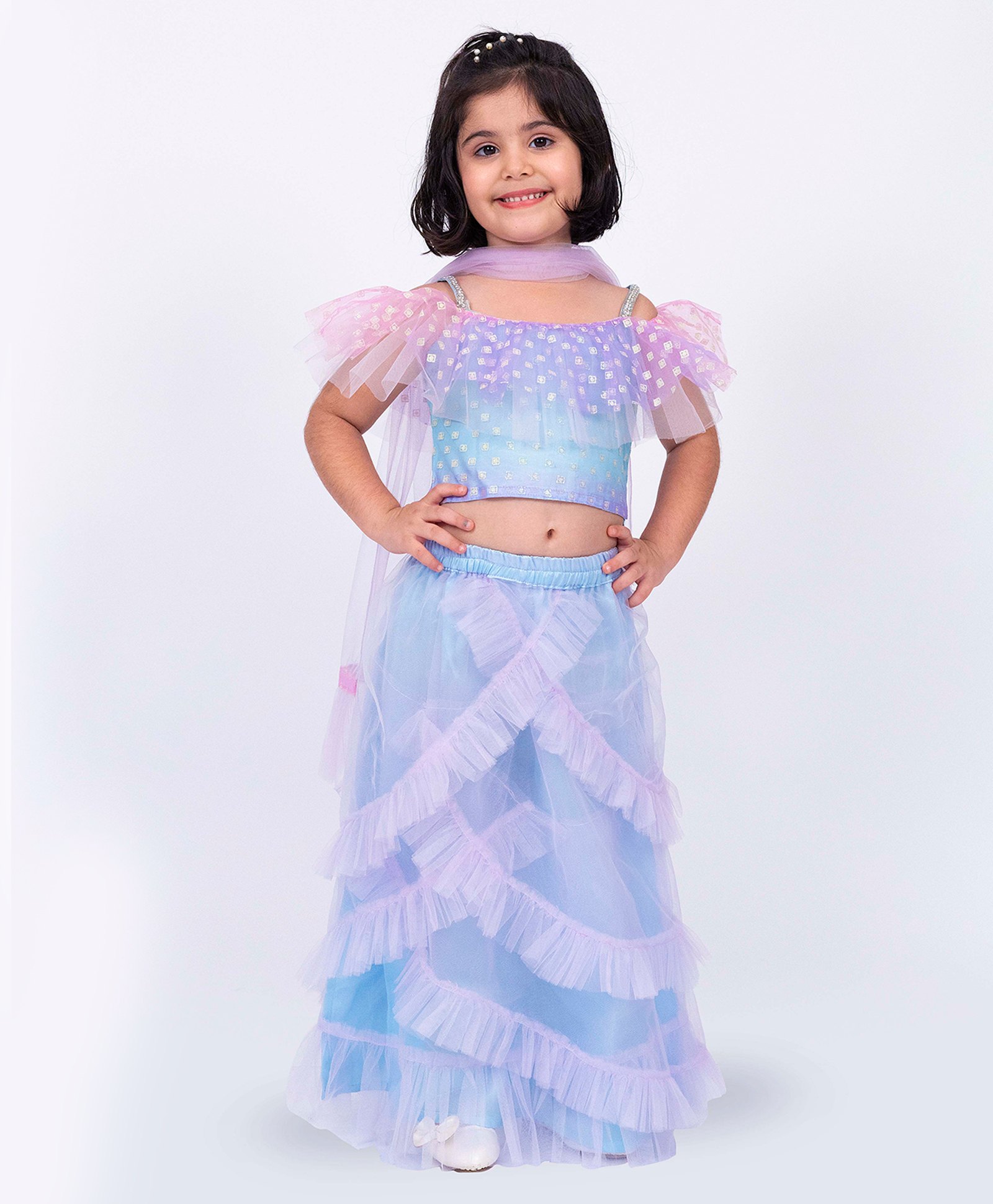 Elaisha Cold Shoulder Ruffle Detailed & Abstract Printed Lehenga Choli WIth Dupatta Set - Mauve & Light Blue-image-12