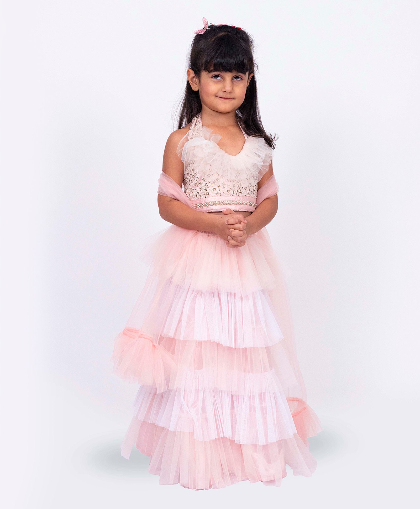 Elaisha Sleeveless Sequins & Ruffle Detailed Lehenga Choli With Dupatta Set - Peach & Off White-picture-19