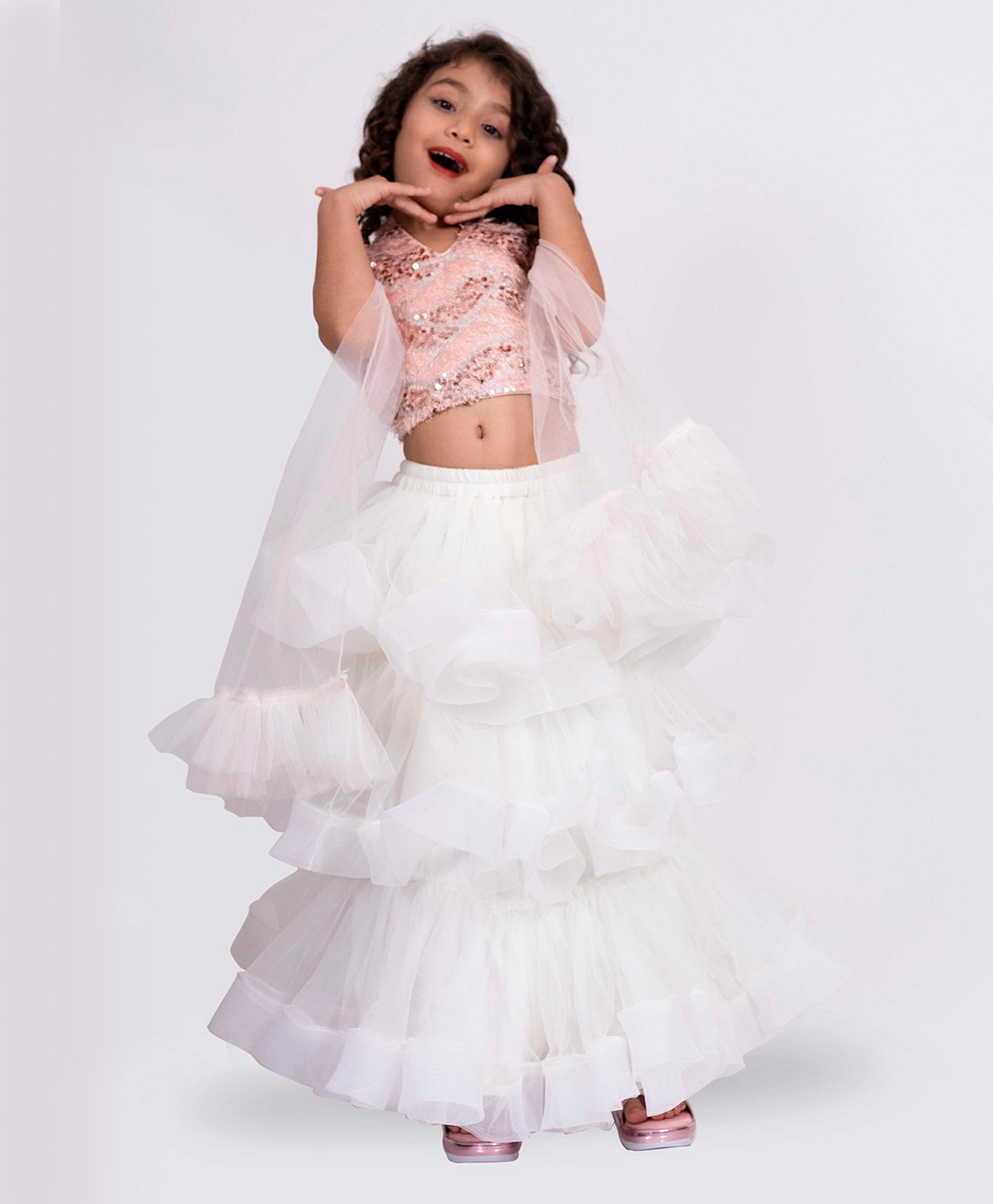 Elaisha Sleeveless Sequins & Lace Embellished & Ruffle Detailed Lehenga Choli With Dupatta Set - Peach & Off White-image-31