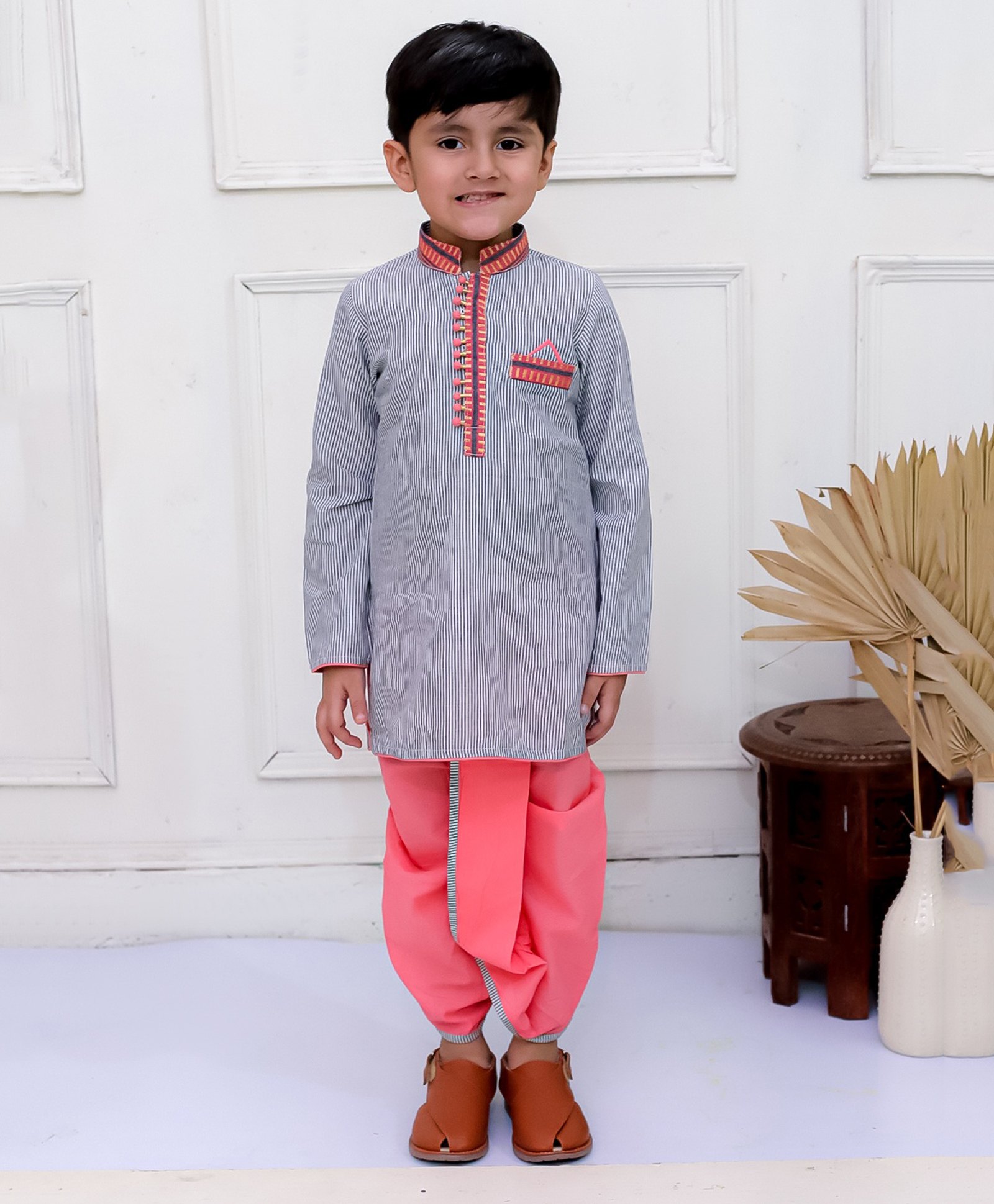 Twisha Full Sleeves Striped Kurta With Dhoti Set - Grey & Coral-picture-23