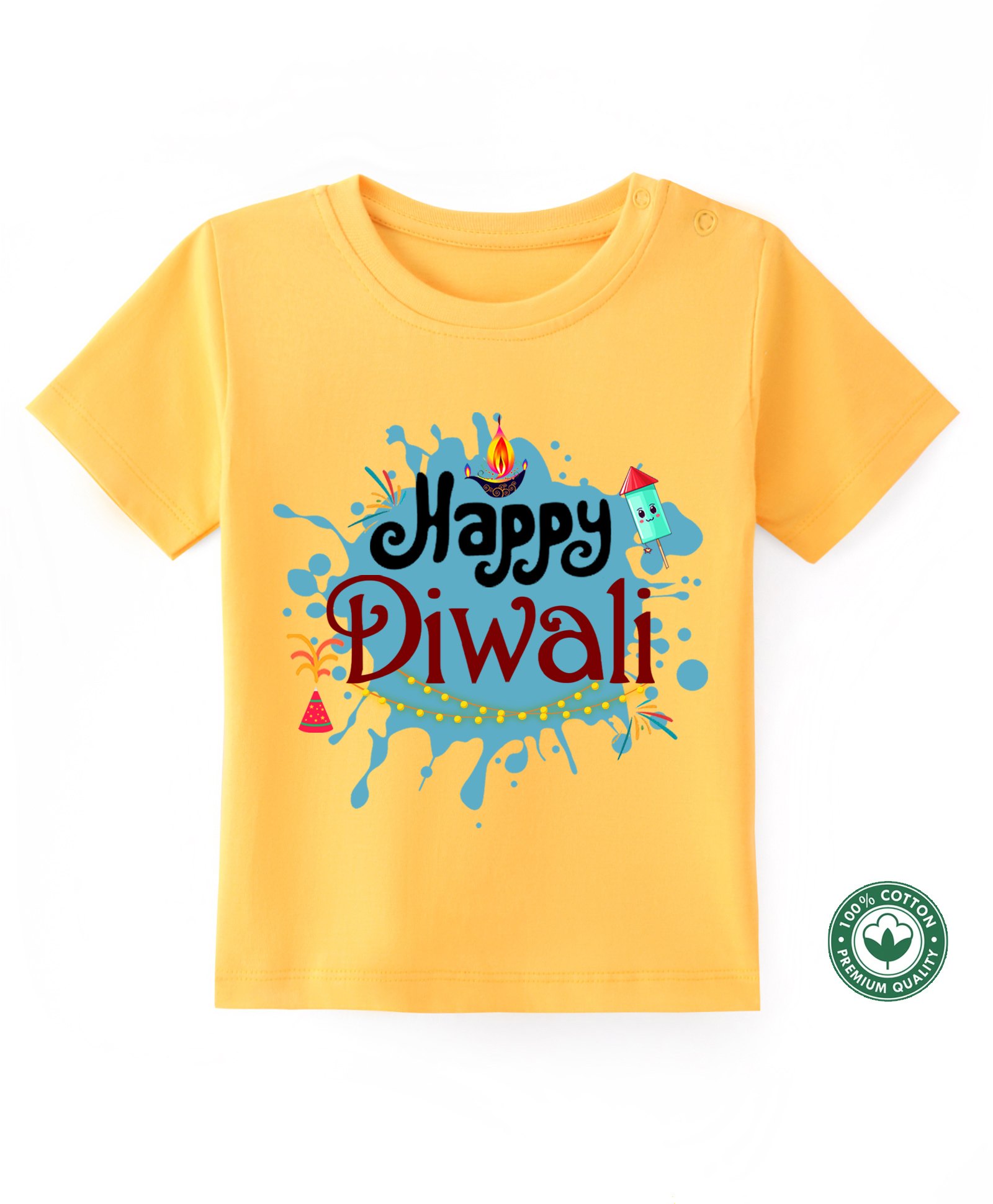 BLUSHES Diwali Theme 100% Cotton Half Sleeves Happy Diwali Text Printed Tee - Yellow-image-21