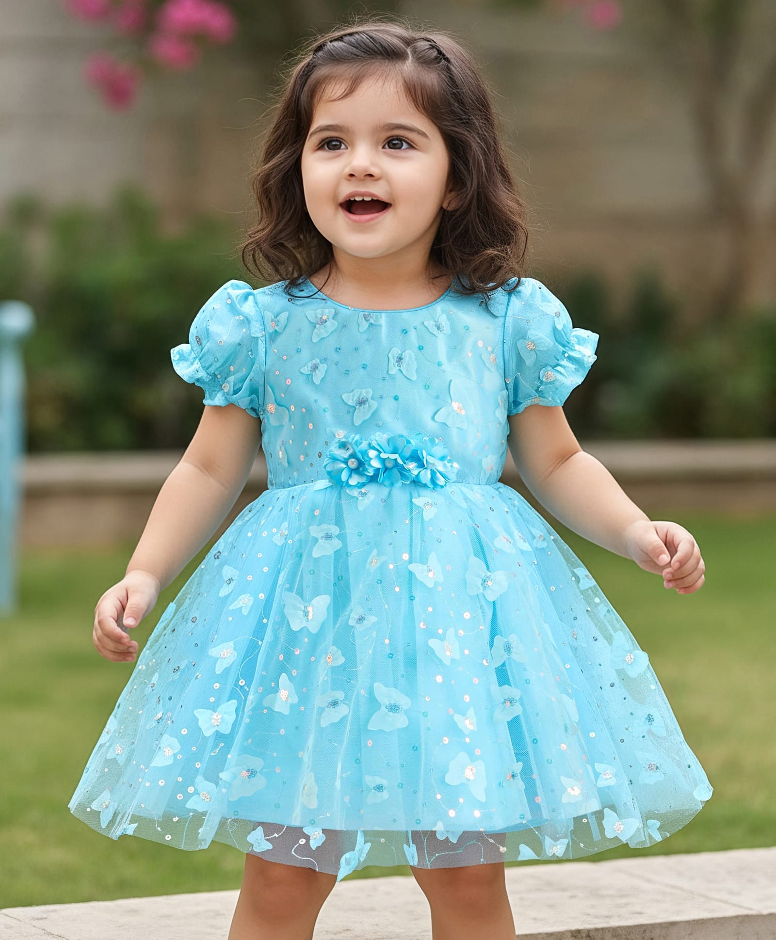 Babyhug Woven Half Puffed Sleeves Sequinned Party Dress With Floral & Butterfly Applique - Light Blue-image-43