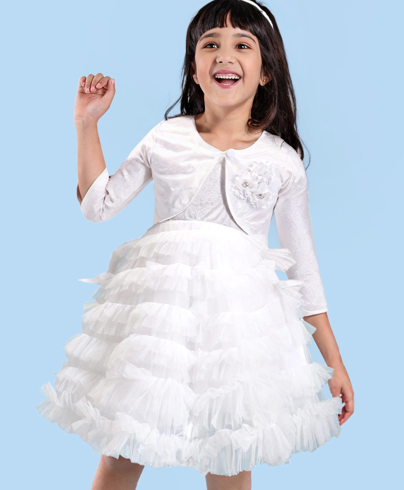 Babyhug Woven Full Sleeves Shimmered Shrug with Fit & Flared Ruffle & Frill Party Dress Floral Applique - White-picture-12