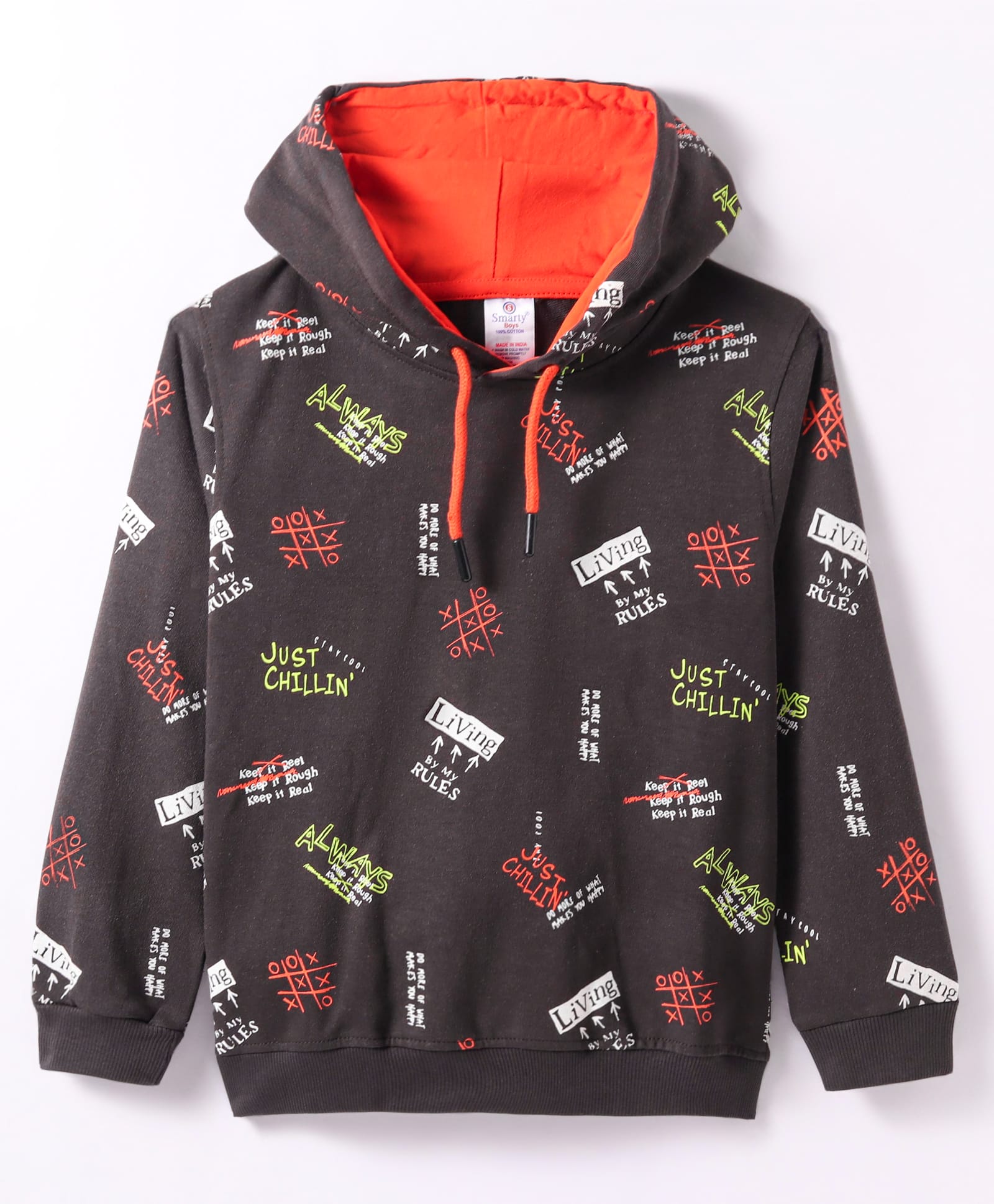 Smarty Boys 100% Cotton Knit Full Sleeves Hooded Sweatshirt with Text Print & Adjustable Dramstring - Charcoal Grey-picture-14