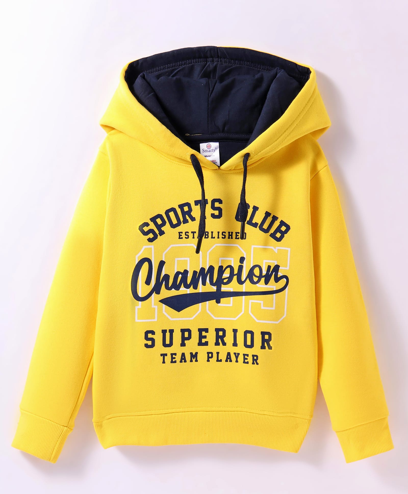 Smarty Boys Fleece Knit Full Sleeves Hooded Sweatshirt with Text Print - Golden-picture-1