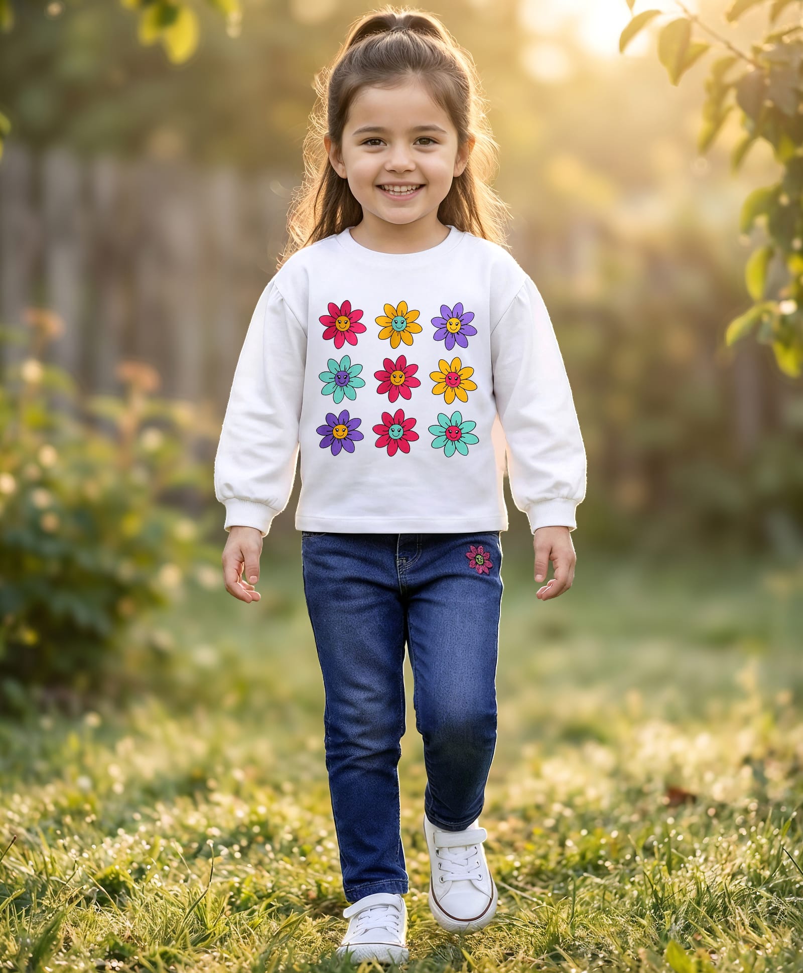 Babyhug Single Jersey Knit Full Puffed Sleeves Top & Denim Jeans Set With Floral Print & Embroidery - White & Blue-image-21