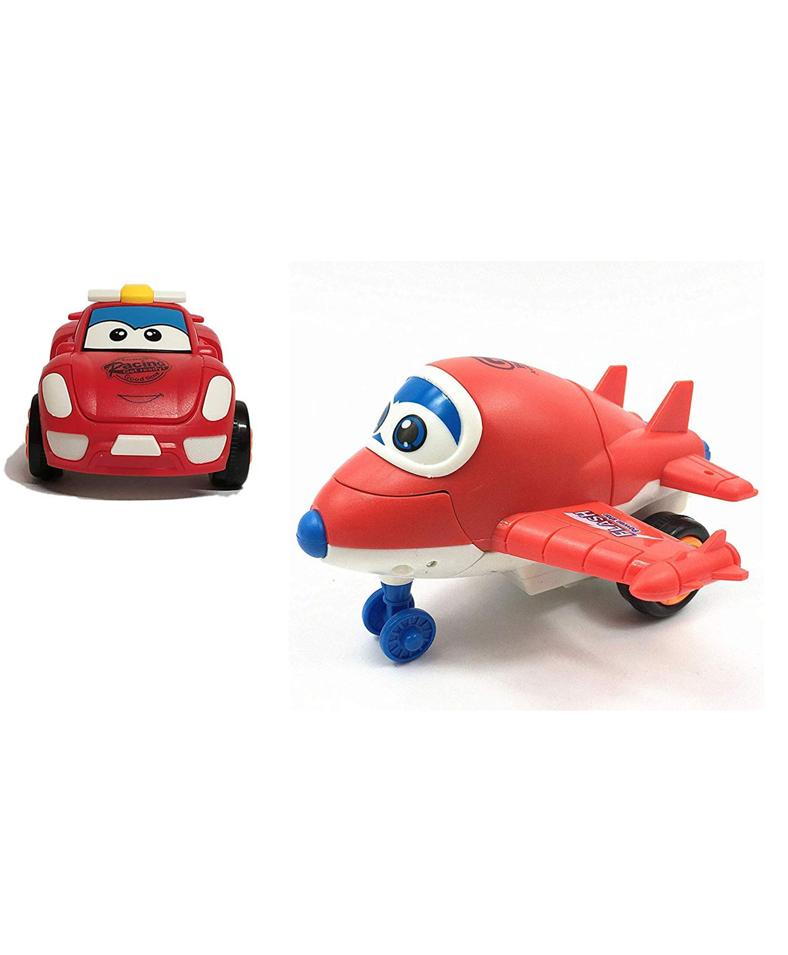 New Pinch Combo of Push Pull Back Action Robot Car and Plane Toy Racing Car & Plane Push Back Bump & Go Toy Set - Red-image-2