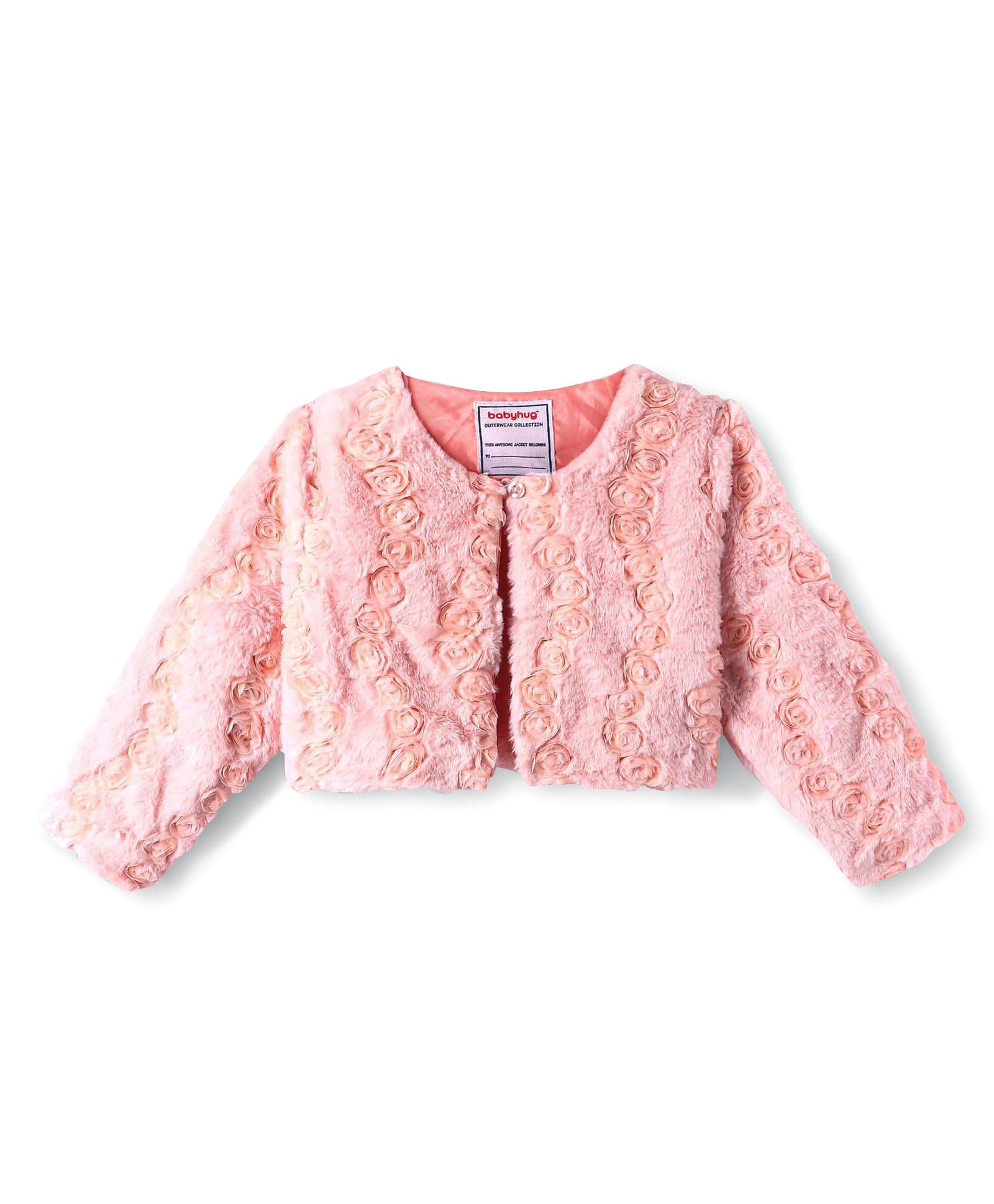 Babyhug Fur Woven Full Sleeves Winter Jacket with Floral Applique - Pink-picture-19