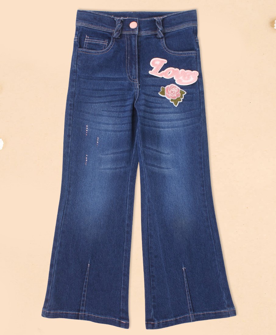 Cutecumber Denim Rose & Text Patch Detailed Washed Jeans - Blue-picture-20