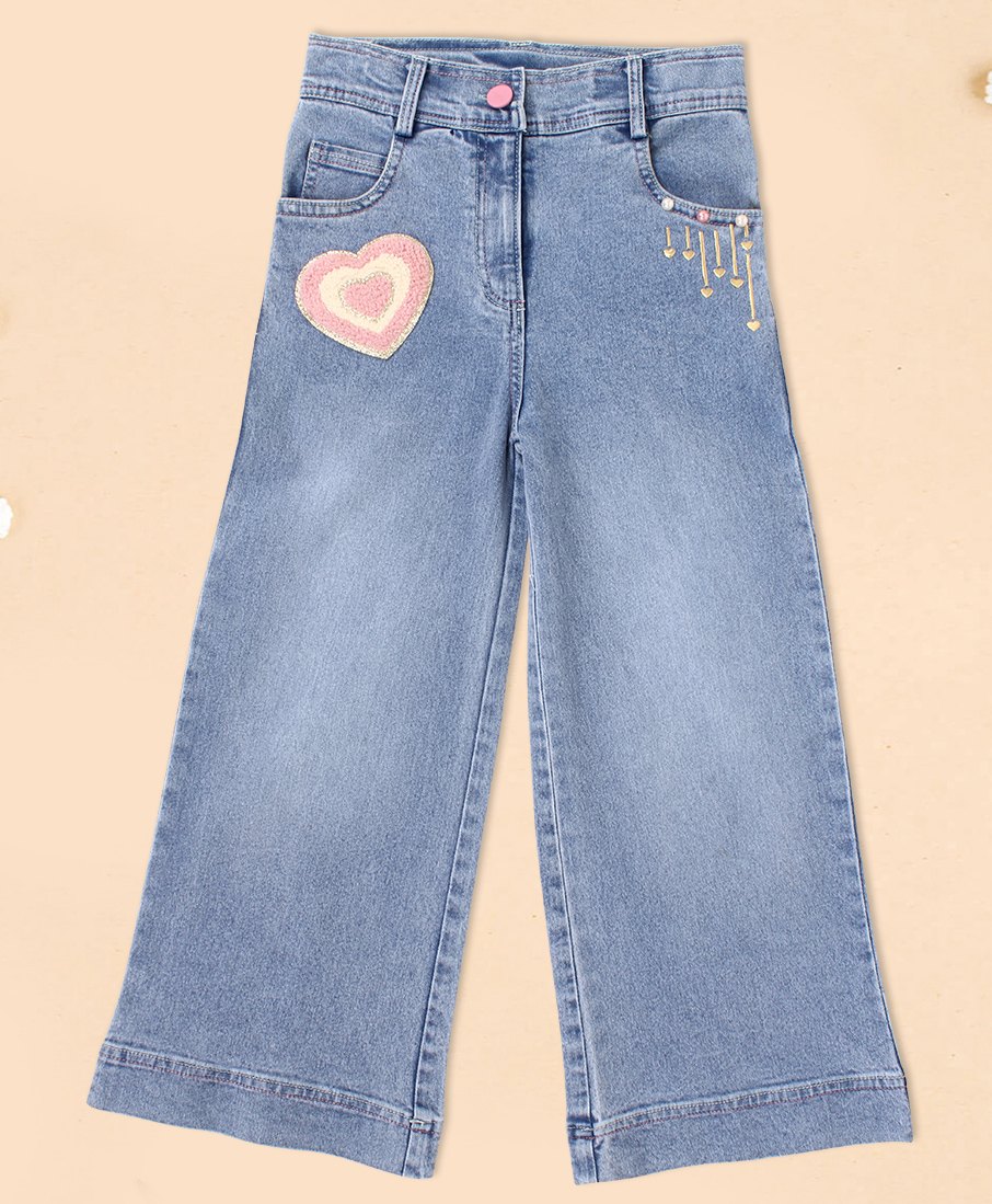 Cutecumber Denim Pearls Embellished & Heart Patch Detailed Washed Jeans - Blue-picture-15