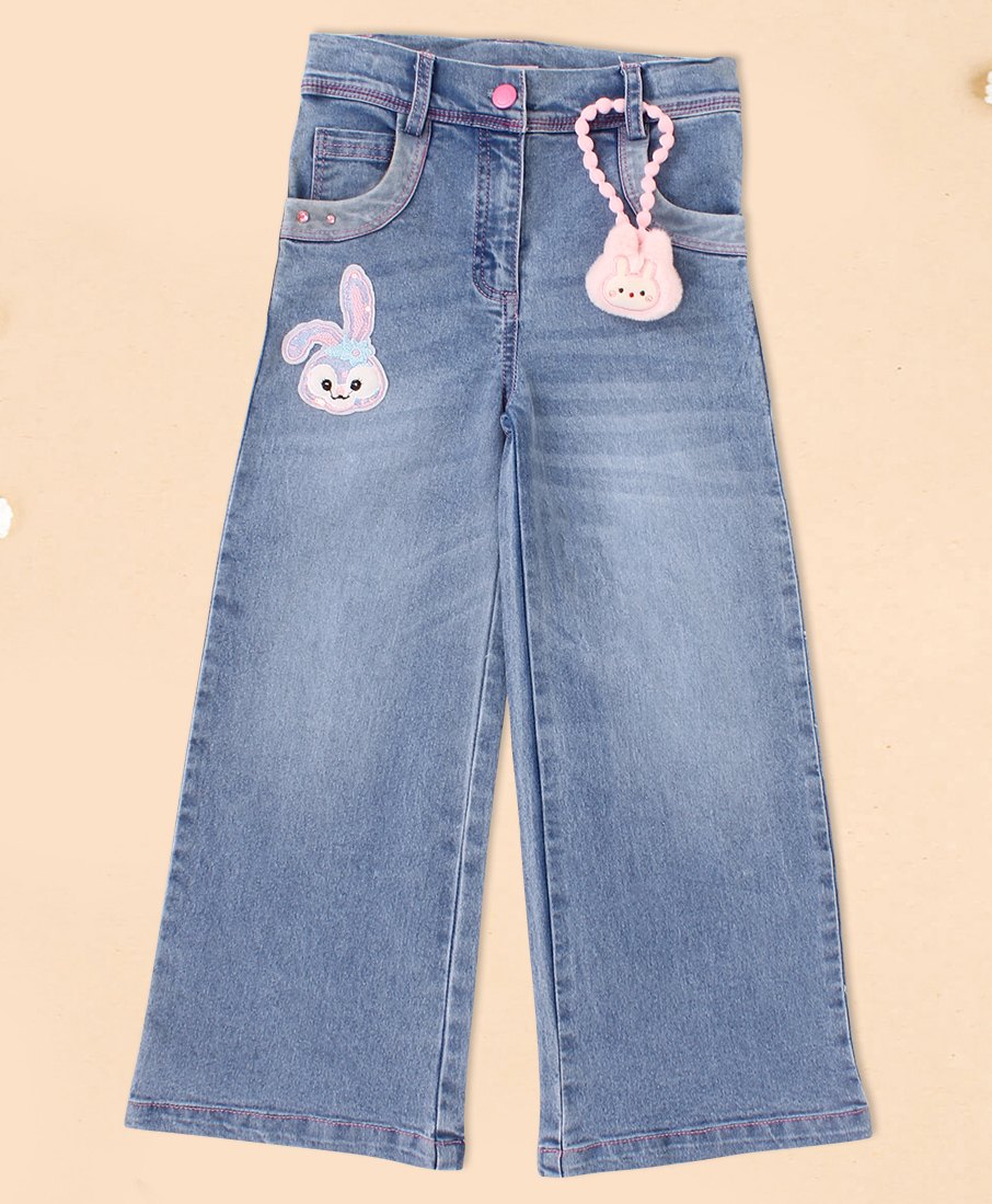 Cutecumber Denim Pearls Embellished & Rabbit Patch Detailed Washed Jeans - Blue-picture-28