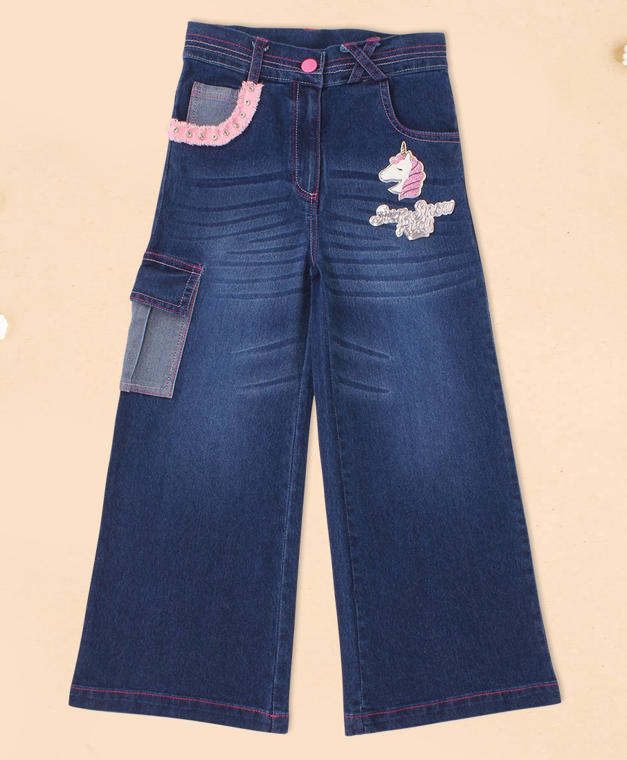 Cutecumber Denim Beads Embellished & Unicorn Patch Detailed Washed Jeans - Blue-image-24