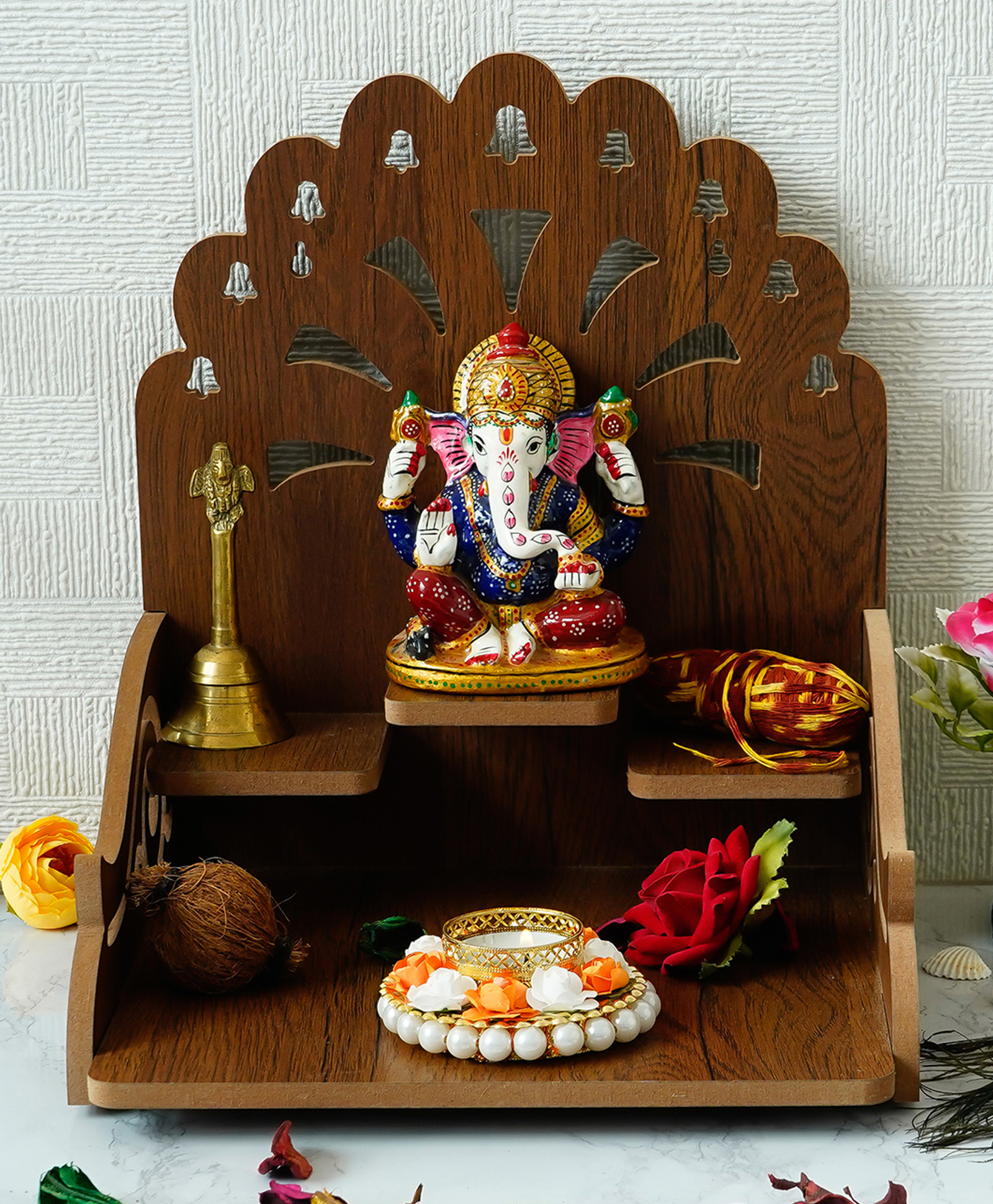 eCraftIndia Om with Bells Design and 3 Shelfs Laminated Wood Pooja Temple/Mandir-image-6