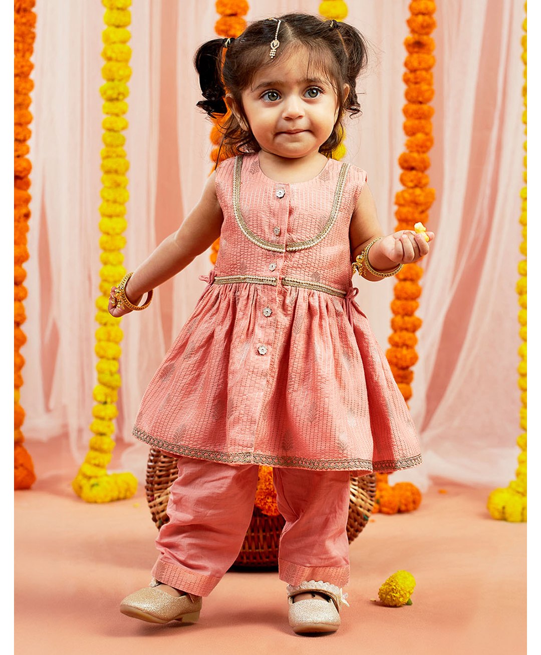 Vastramay Silk Blend Jacquard Sleeveless Kantha Work Detailed Kurta & Pyjama Set-Pink-image-35