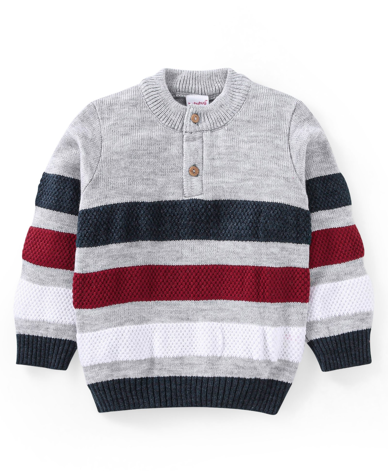 Babyhug Knitted Full Sleeves Henley Neck Pullover Sweater with Stripes Design - Grey-image-34