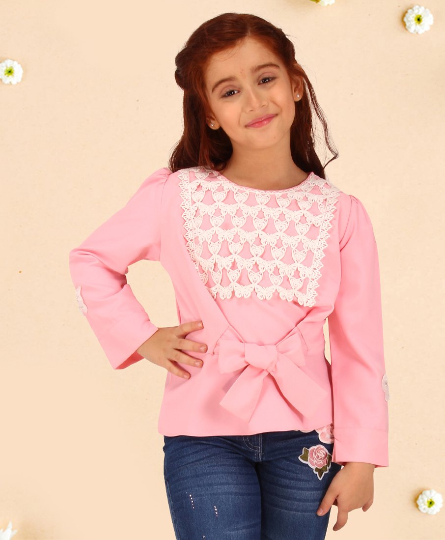 Cutecumber Full Sleeves Lace Detailed & Bow Tied Top - Peach-image-20