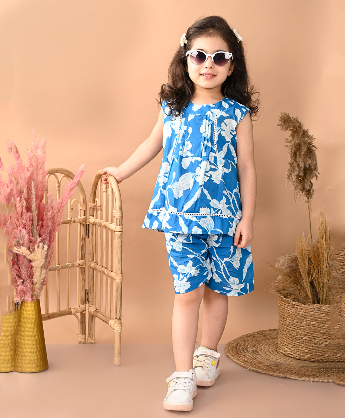Superminis Cotton Sleeveless Floral Printed Coordinating Top & Shorts Set - Blue-image-27