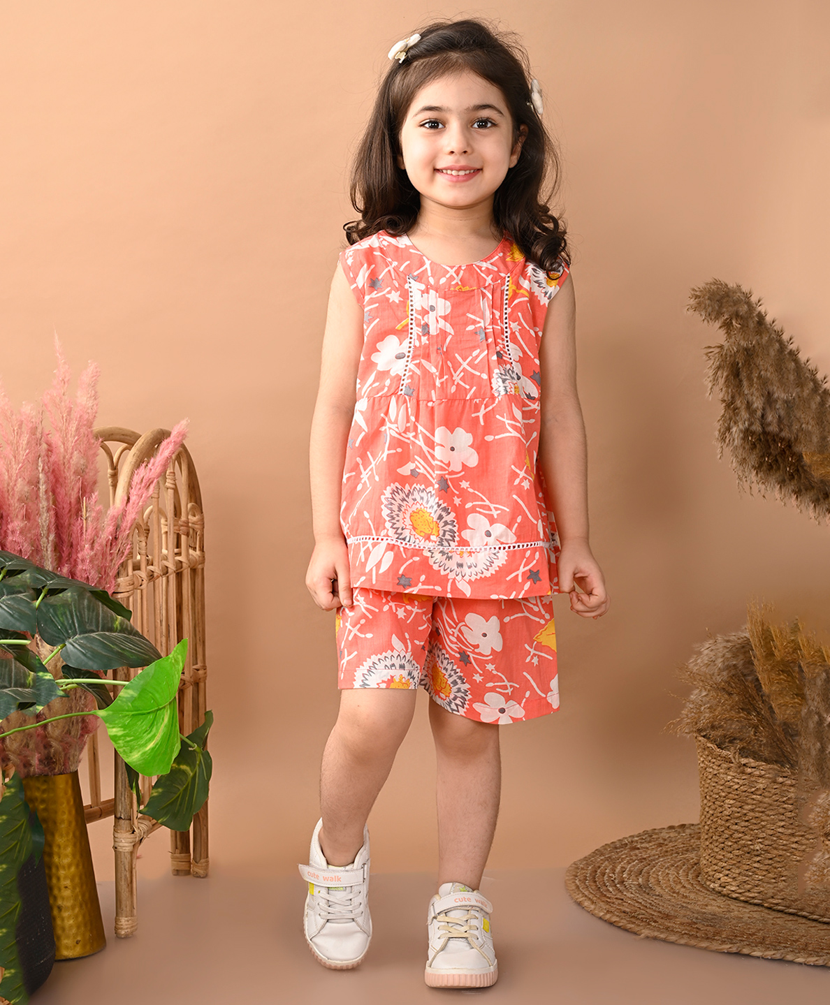 Superminis Cotton Sleeveless Floral Printed Coordinating Top & Shorts Set - Peach-image-34