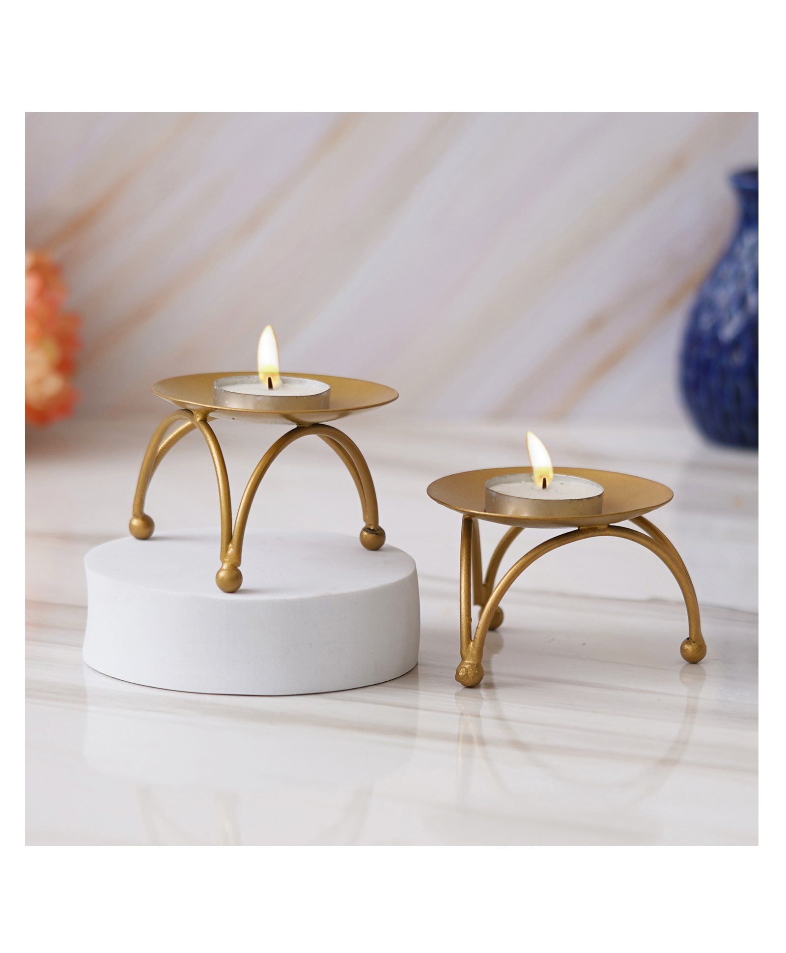 eCraftIndia Set of 2 Decorative Handcrafted Golden Metal Tea Light Candle Holder Stand-image-7