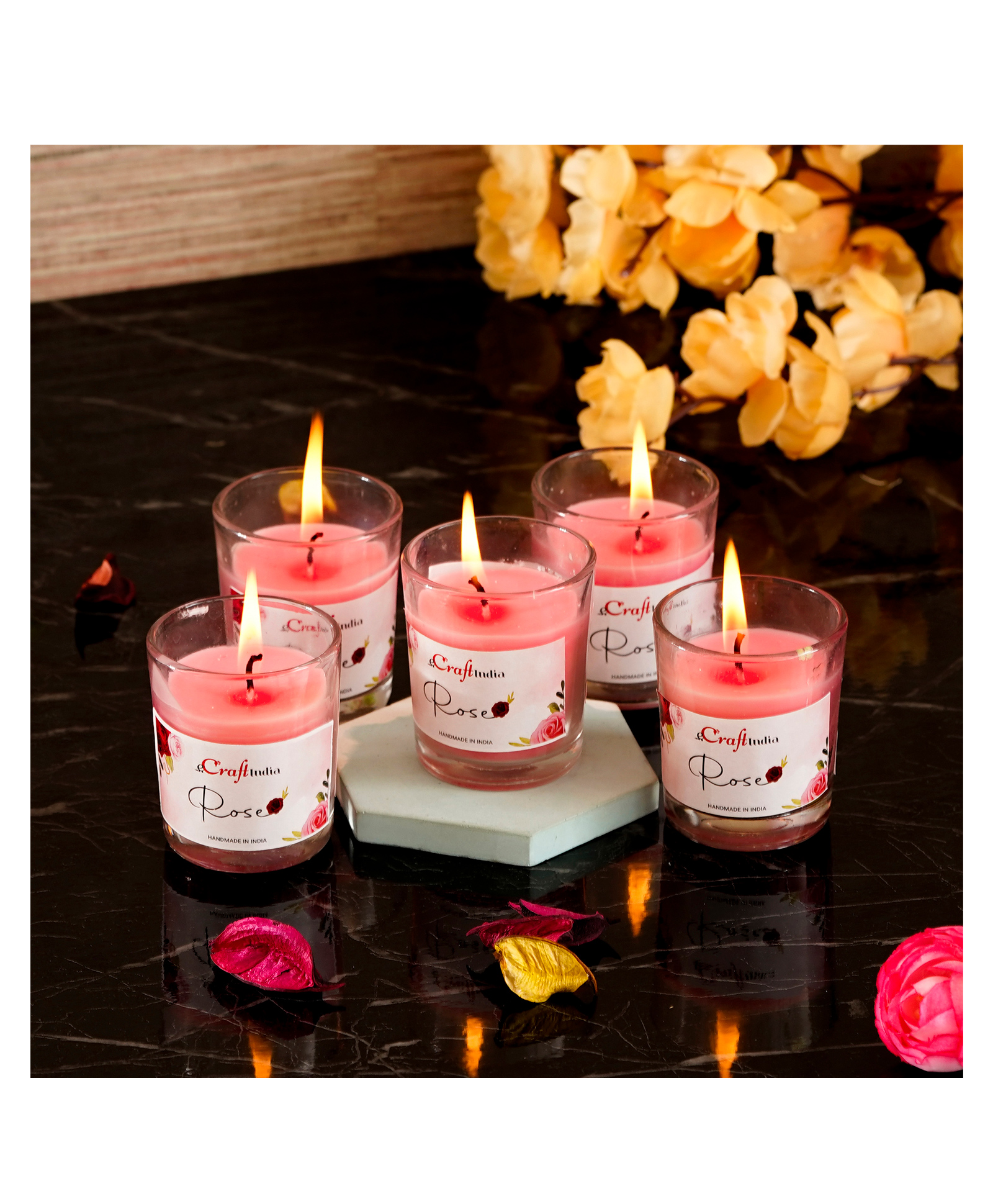 eCraftIndia Set Of 5 Glass Rose Scented Candles