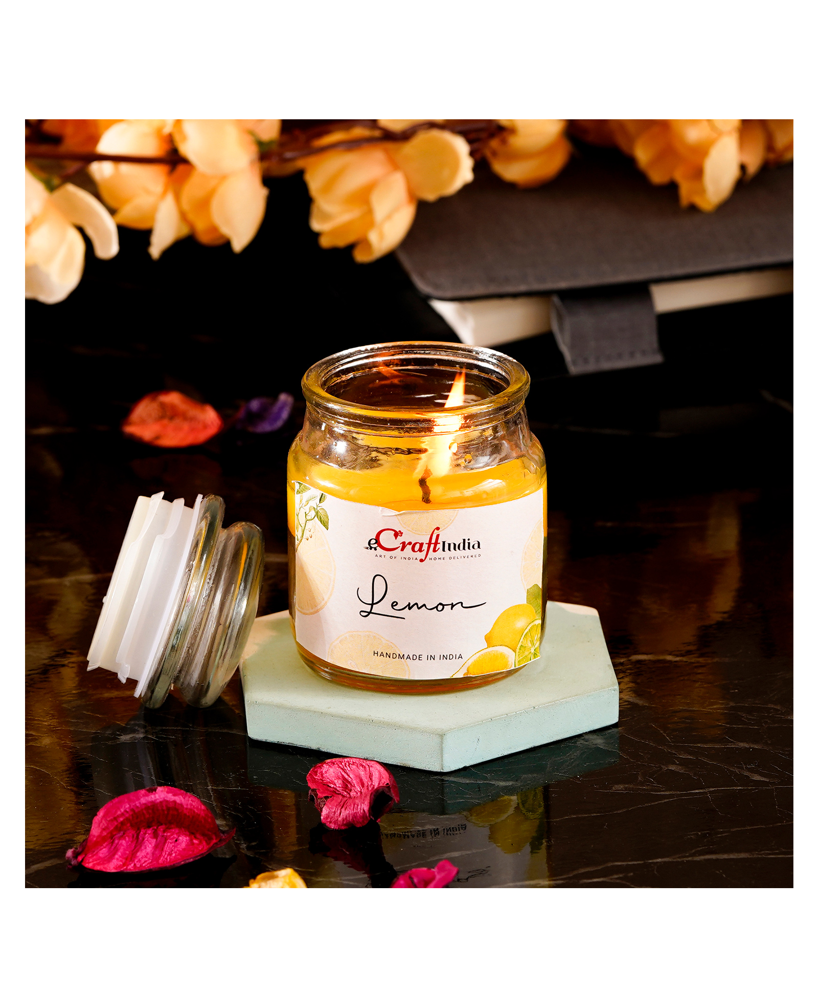 eCraftIndia Yellow Classic Small Jar Lemon Scented Candle-picture-12